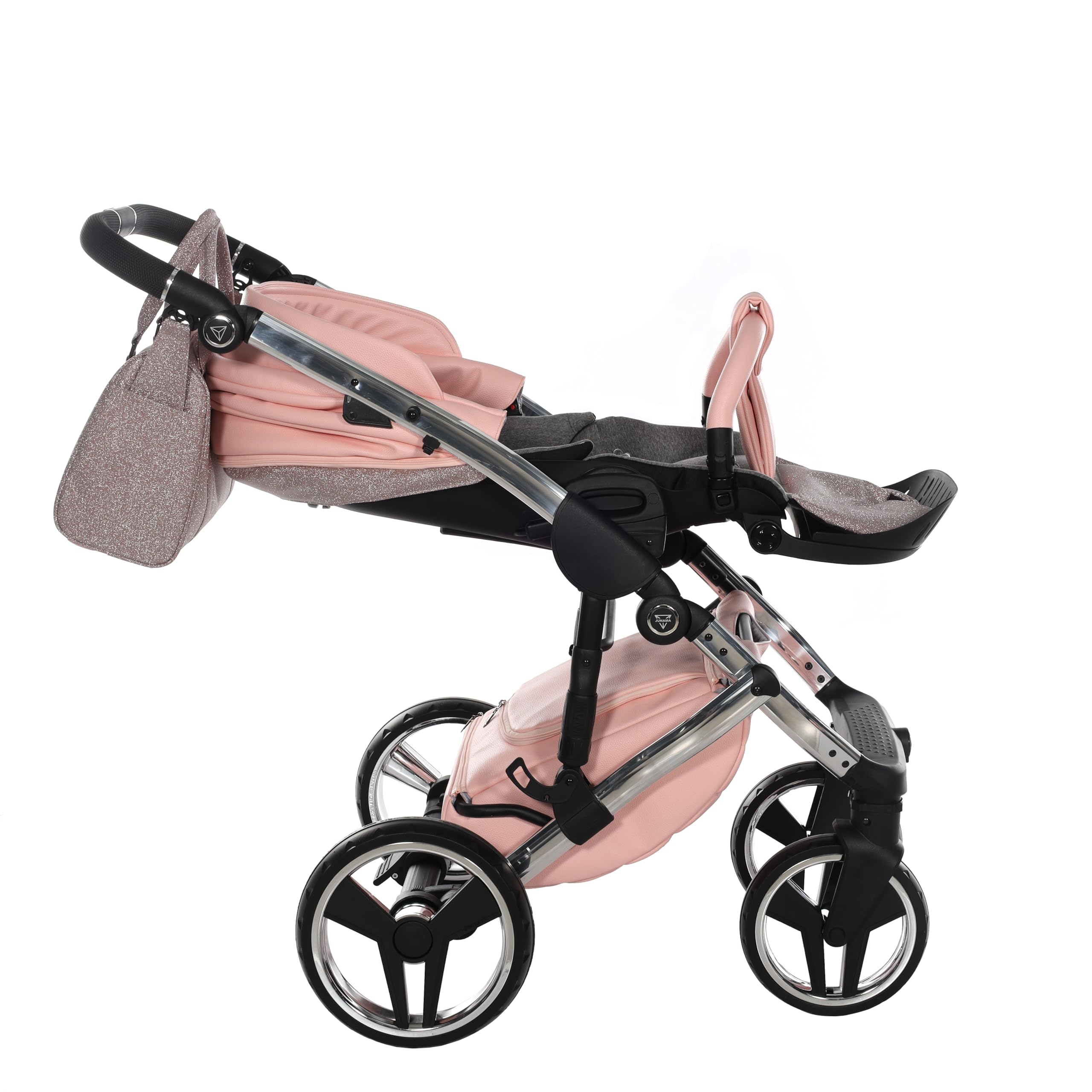 Junama Passeggino TRIO Hand Craft Glitter 01 Rosa e Argento - 2in1 3in1 4in1 + ombrellino (4 in 1 con Base ISOFIX)