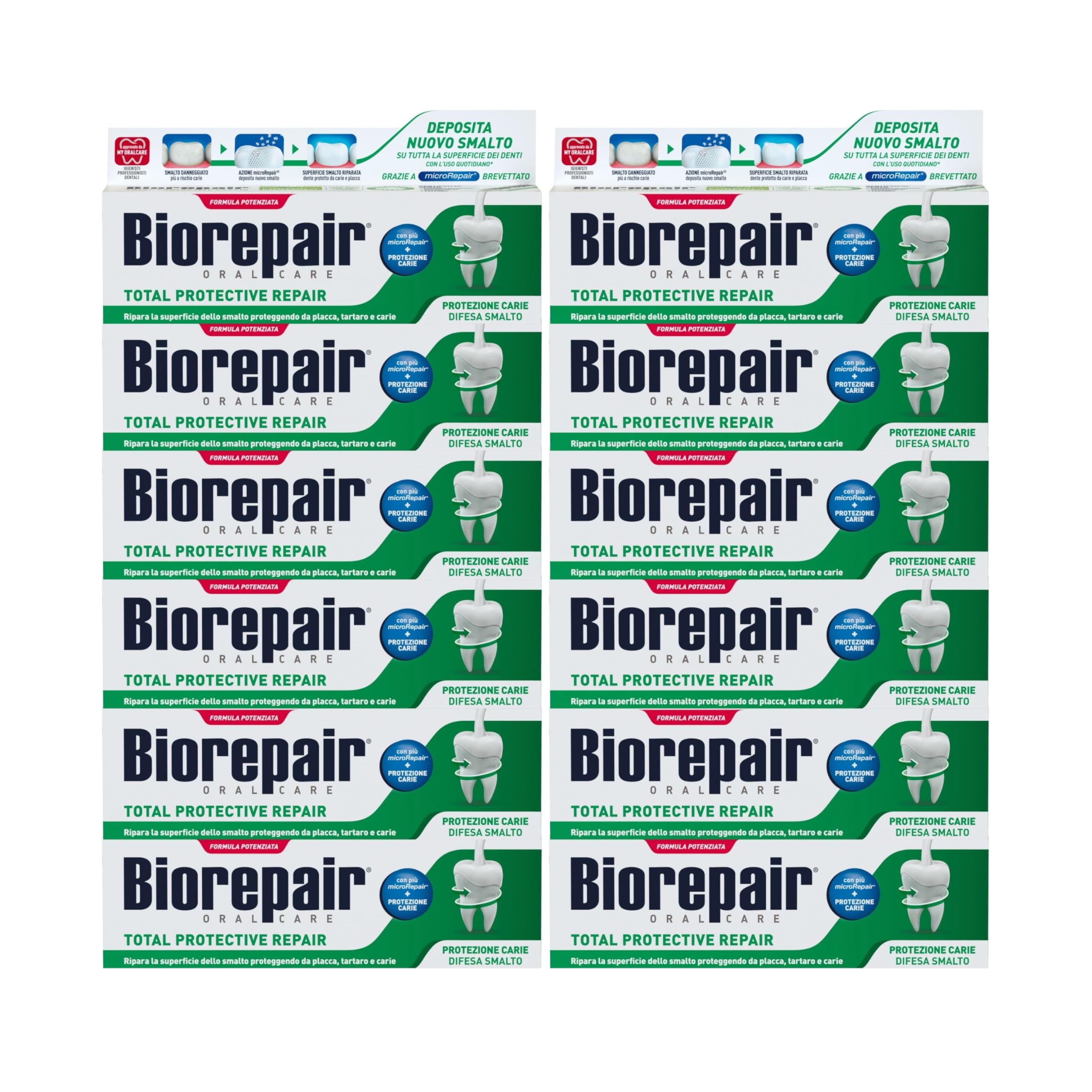 Biorepair, Dentifricio Total Protective Repair, Protezione da Carie, Tartaro e Placca, Difesa Smalto, Con MicroRepair, Azione Antibatterica, Senza Fluoro e Parabeni, 12x75ml