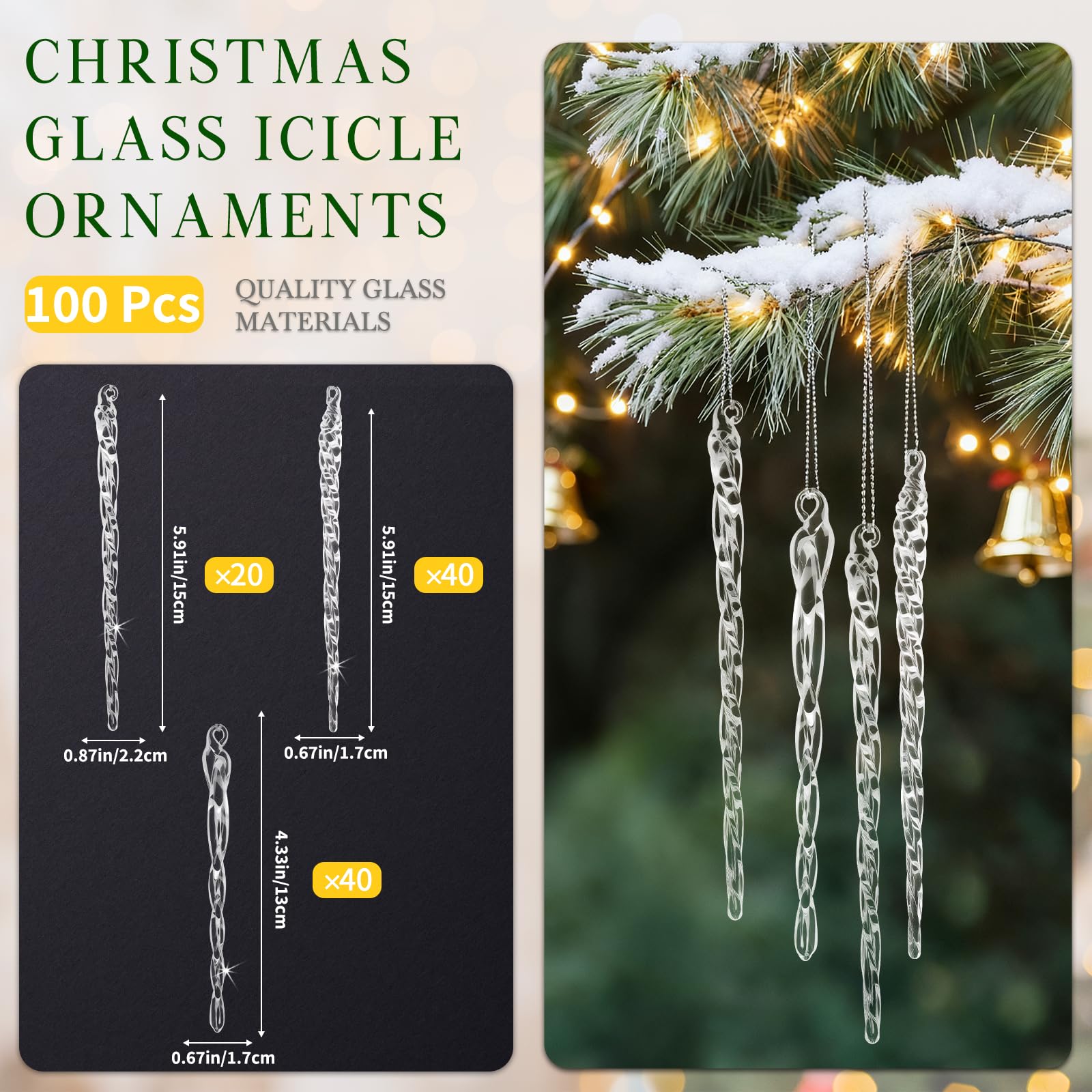 Lot de 100 décorations en forme de stalactites en verre à suspendre pour sapin de Noël, décoration de fête de mariage