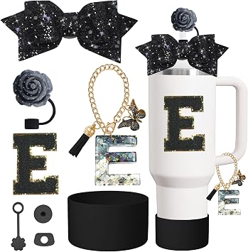8PCS Cup Accessories Set for Stanley Cup 30oz 40oz tumbler with handle,Including Silicone Straw Topper Cover Cap and Boot,Spill Proof Stopper,Handle Charm,Initials Sticker Black rose E