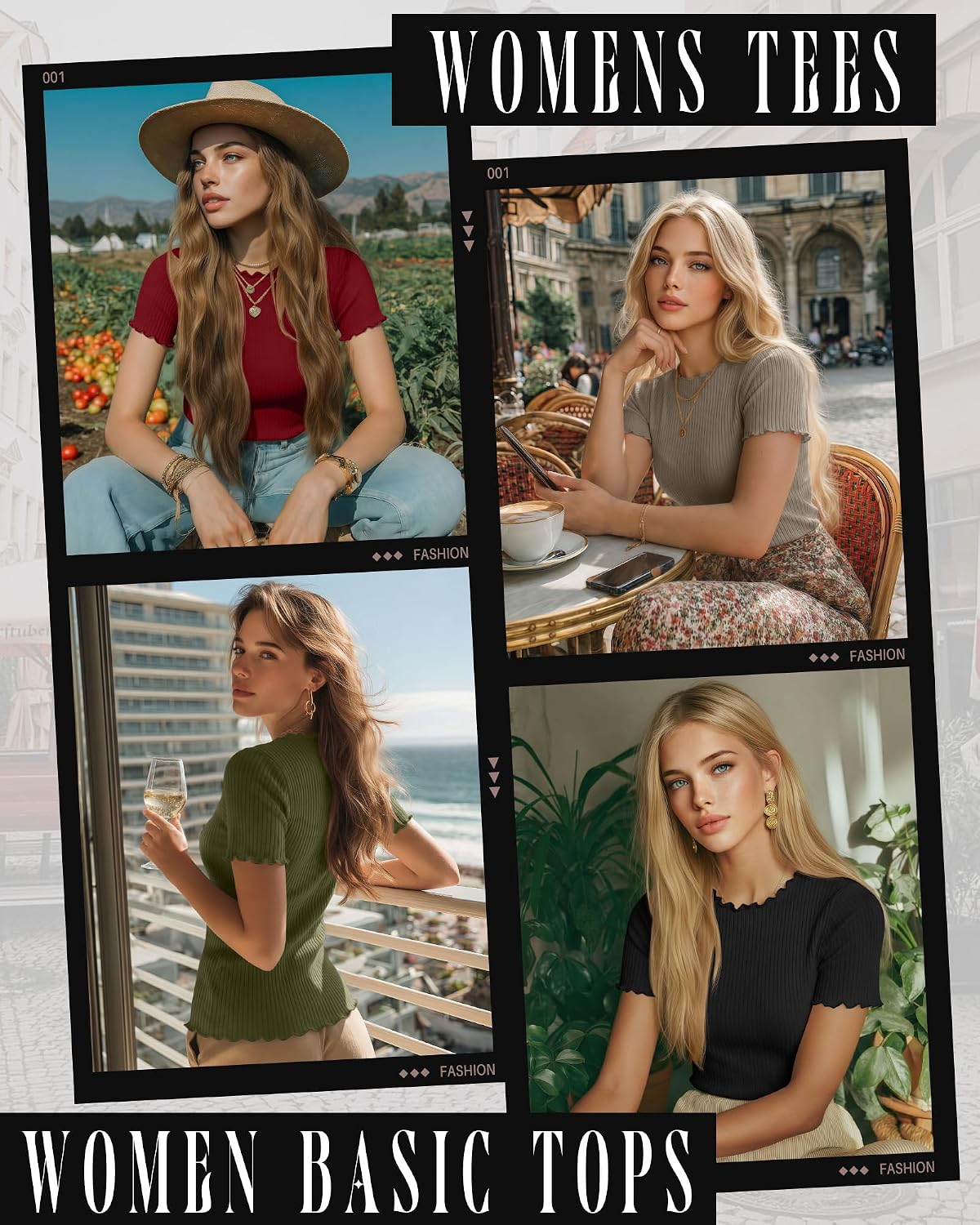 4 Pack Women's Short Sleeve Cotton Shirts Ribbed Lettuce Trim Tops Slim Fit Crew Neck Casual Summer Basic Tees