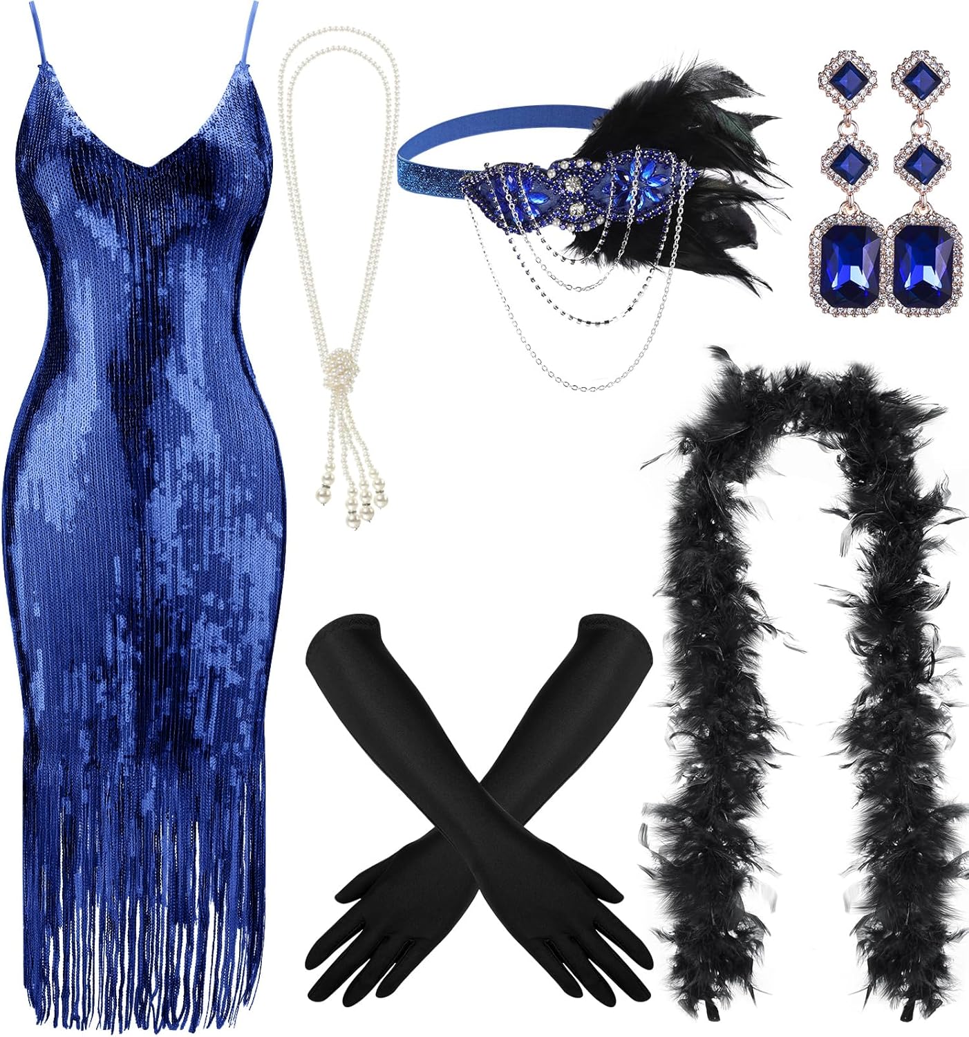 7 Pcs 1920s Women's Flapper Dress Sequin Dress Costume Headwear Earring Necklace Glove Stick Set and Long Feather Boa