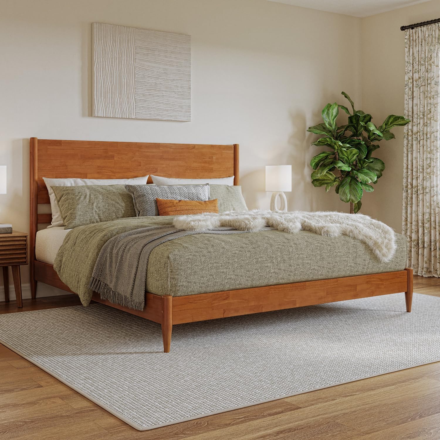 HomeStock King Solid Wood Low Profile Platform Bed in Light Toffee