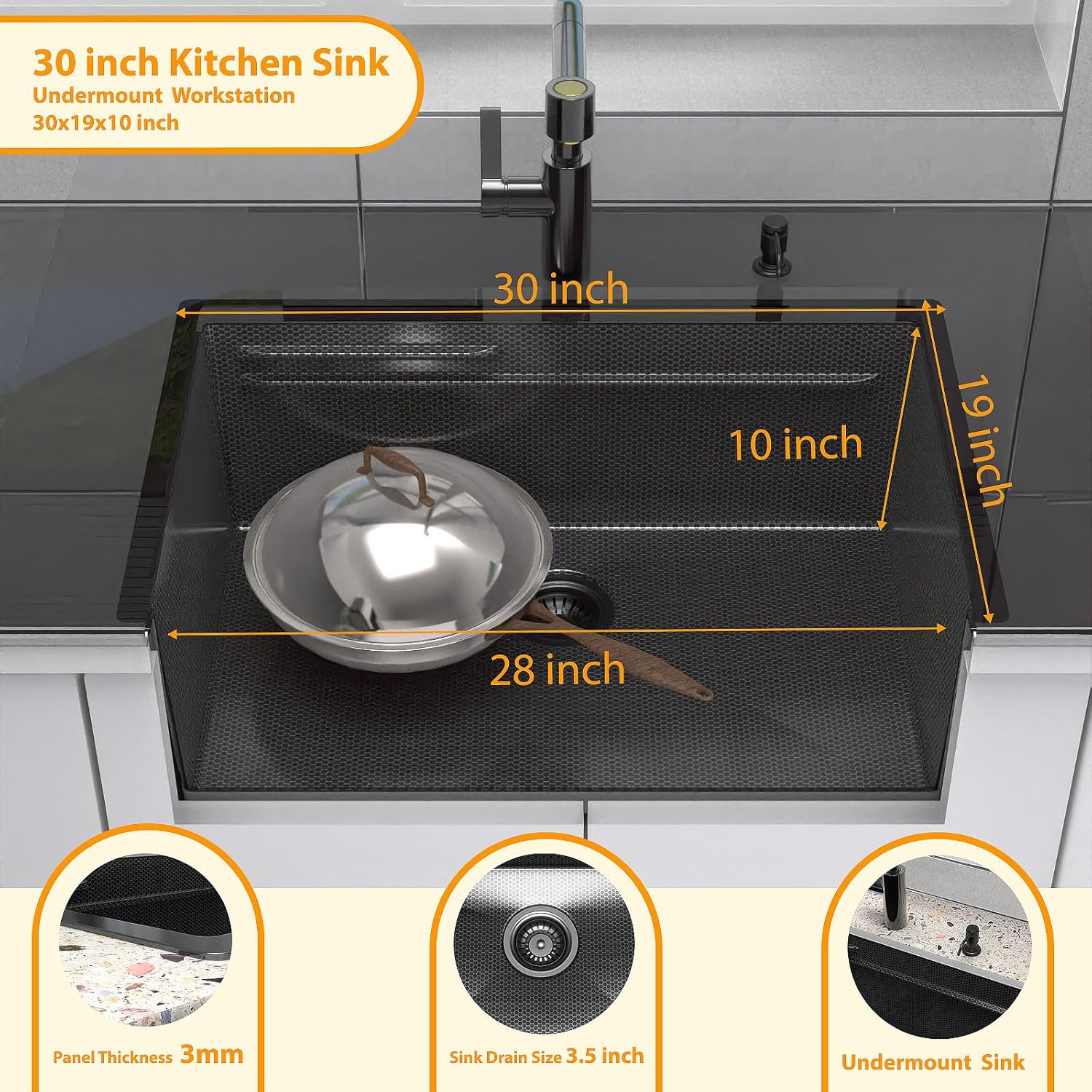 30inch Kitchen Sink Undermount Metal Black - Feibus 30x19x10 with Double Step Workstation 16 Gauge Honeycomb Embossment Stainless Steel Single Bowl