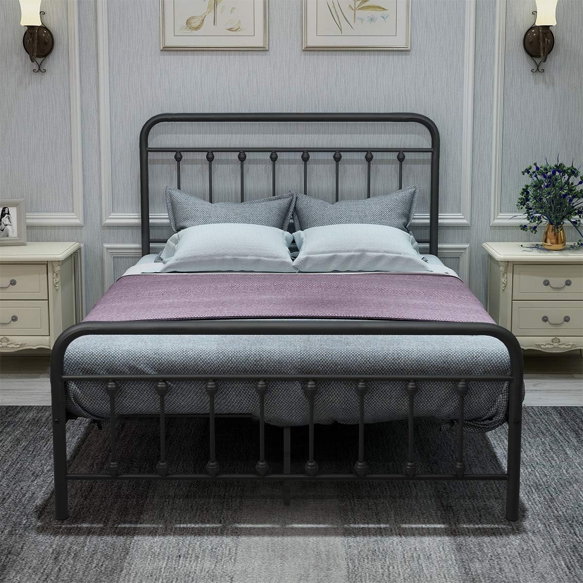 Metal Bed Frame with Vintage Headboard and Footboard, Premium Stable Steel Slat Support Mattress Foundation, No Box Spring Needed and Easy Assembly