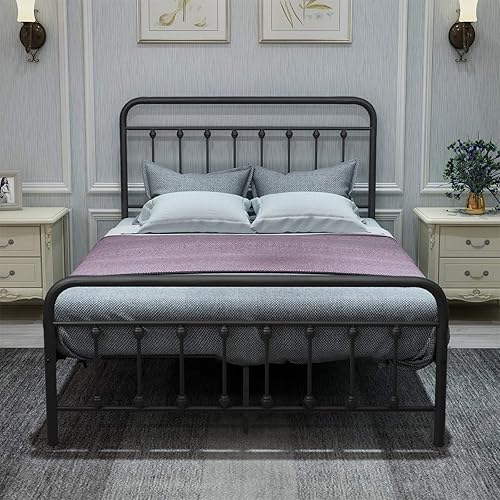 Base de cama de metal con cabecera y estribo vintage, base de colchón de soporte de listones de acero estable de alta calidad, no necesita somier y