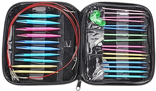 13 pares de agujas de tejer circulares intercambiables de aluminio colorido, juego de agujas de tejer flexibles para suéter con estuche rosa