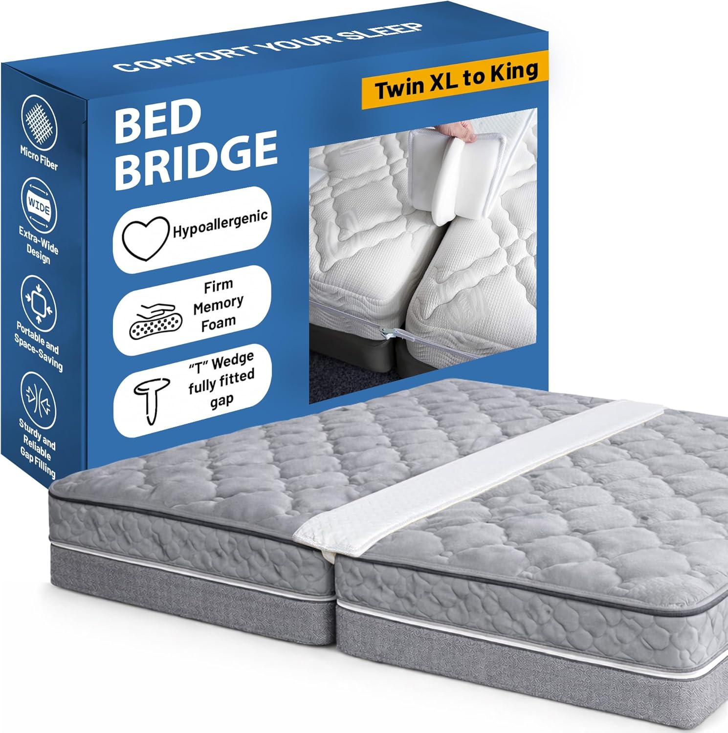 Greaton, 80” Bed Bridge Pad | Twin XL to King Mattress Converter Kit | Gap Filler for Adjustable Mattresses | Good for Guests Stay Overs & Family Room, White