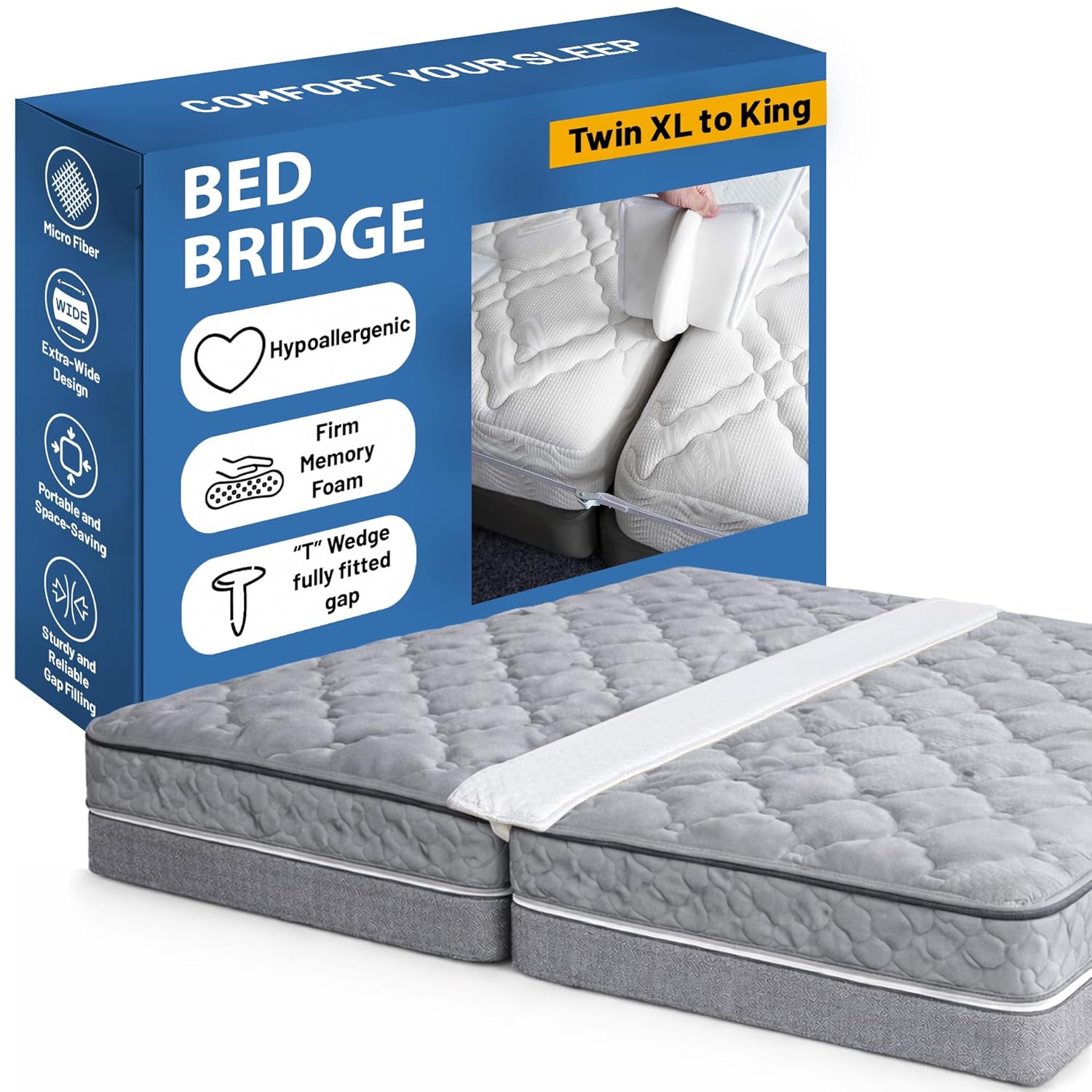 Greaton, 80” Bed Bridge Pad | Twin XL to King Mattress Converter Kit | Gap Filler for Adjustable Mattresses | Good for Guests Stay Overs & Family Room, White