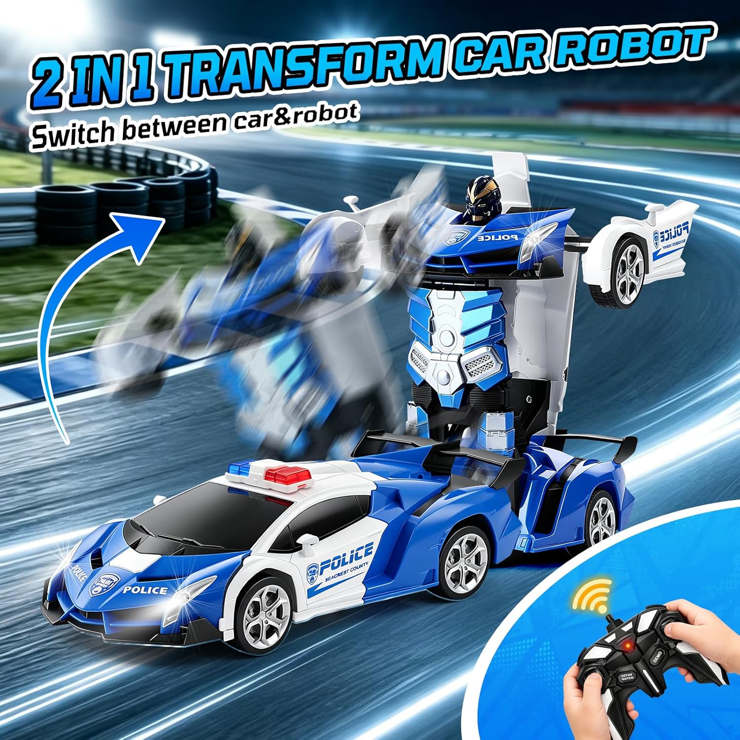 FIGROL Police Transformer Car, 2.4GHz Remote Control Police Car, One-Key Auto Transform, Dual Rechargeable Batteries, 360° Rotation, LED Lights Toy Gift for Boys Girls Ages 3+