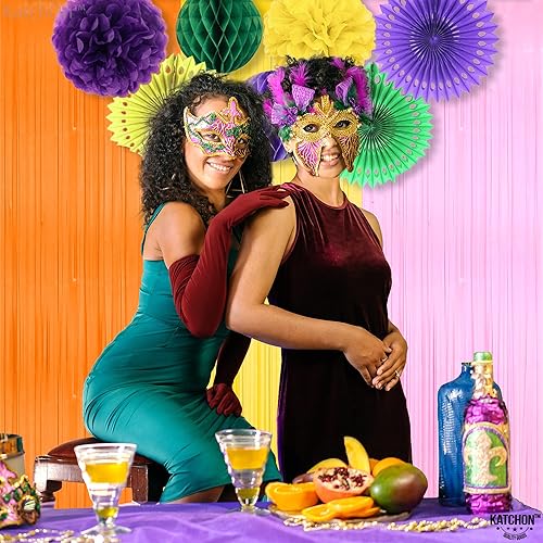 Miniatura 8 de KatchOn, Telón de fondo de flecos naranja, rosa y amarillo, paquete de 4, cortina de fondo de papel de aluminio, dos pancartas geniales | Dos