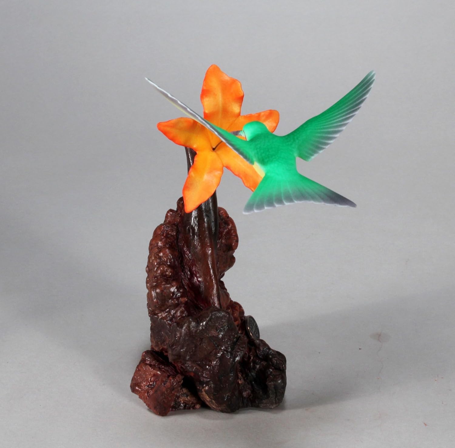 Hummingbird Sculpture w/Orange Flower by John Perry on Burl Wood 5in Wing Span. Signed