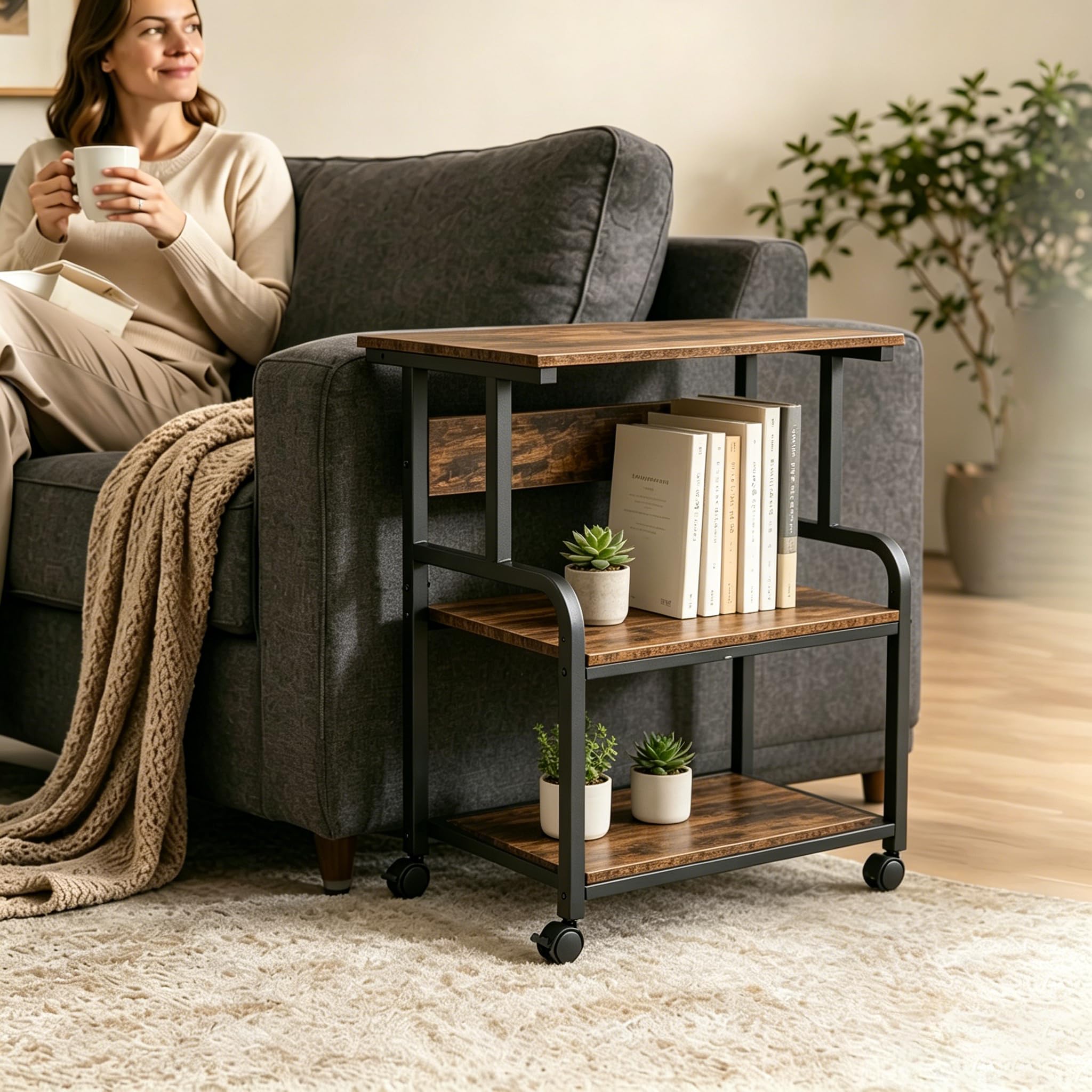 Mesa de impresión de 3 niveles con ruedas, soporte para impresora de madera y metal, 50 x 40 x 80 cm, mesa enrollable de hasta 70 kg, estilo industrial para impresora 3D y oficina en casa