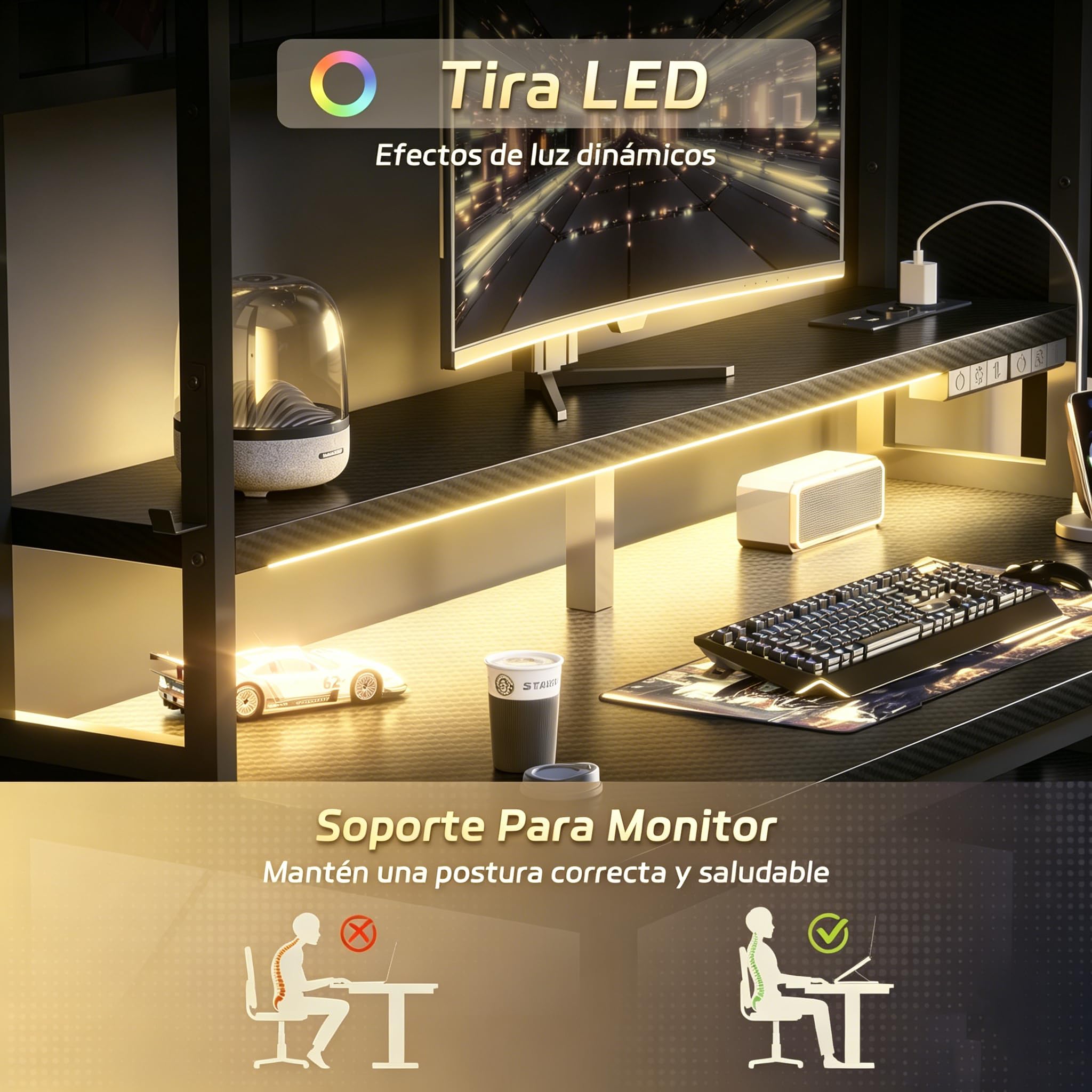Devoko Escritorio Gaming 120 x 48 cm Negro | Estante integrado, Cajones incorporados, Luz LED, Enchufe eléctrico, Fibra de carbono, Amplio almacenamiento