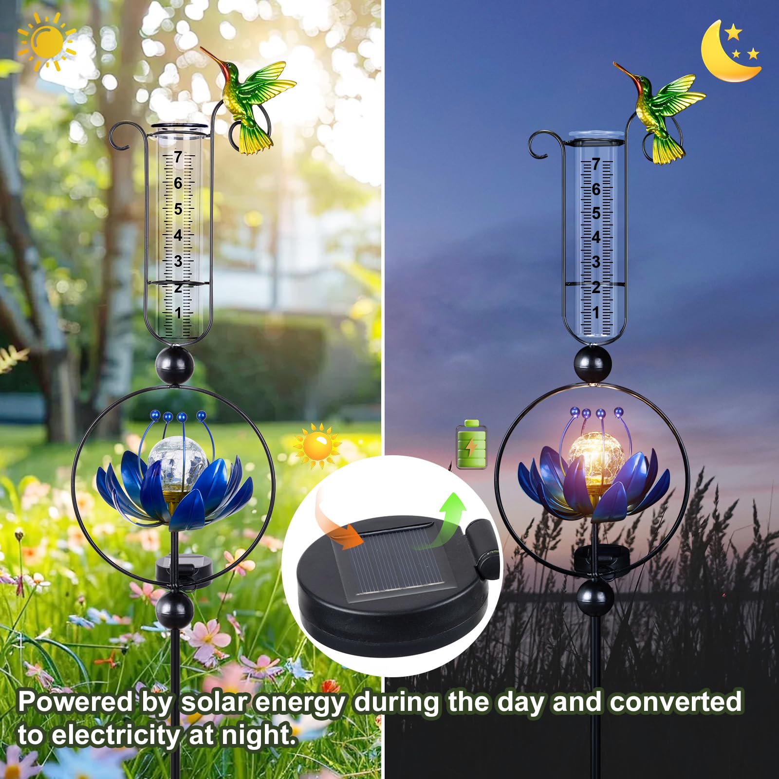 Pluviomètre solaire d'extérieur en plastique numérique en forme de fleur de lotus avec boule de cristal craquelée LED étanche Colibri