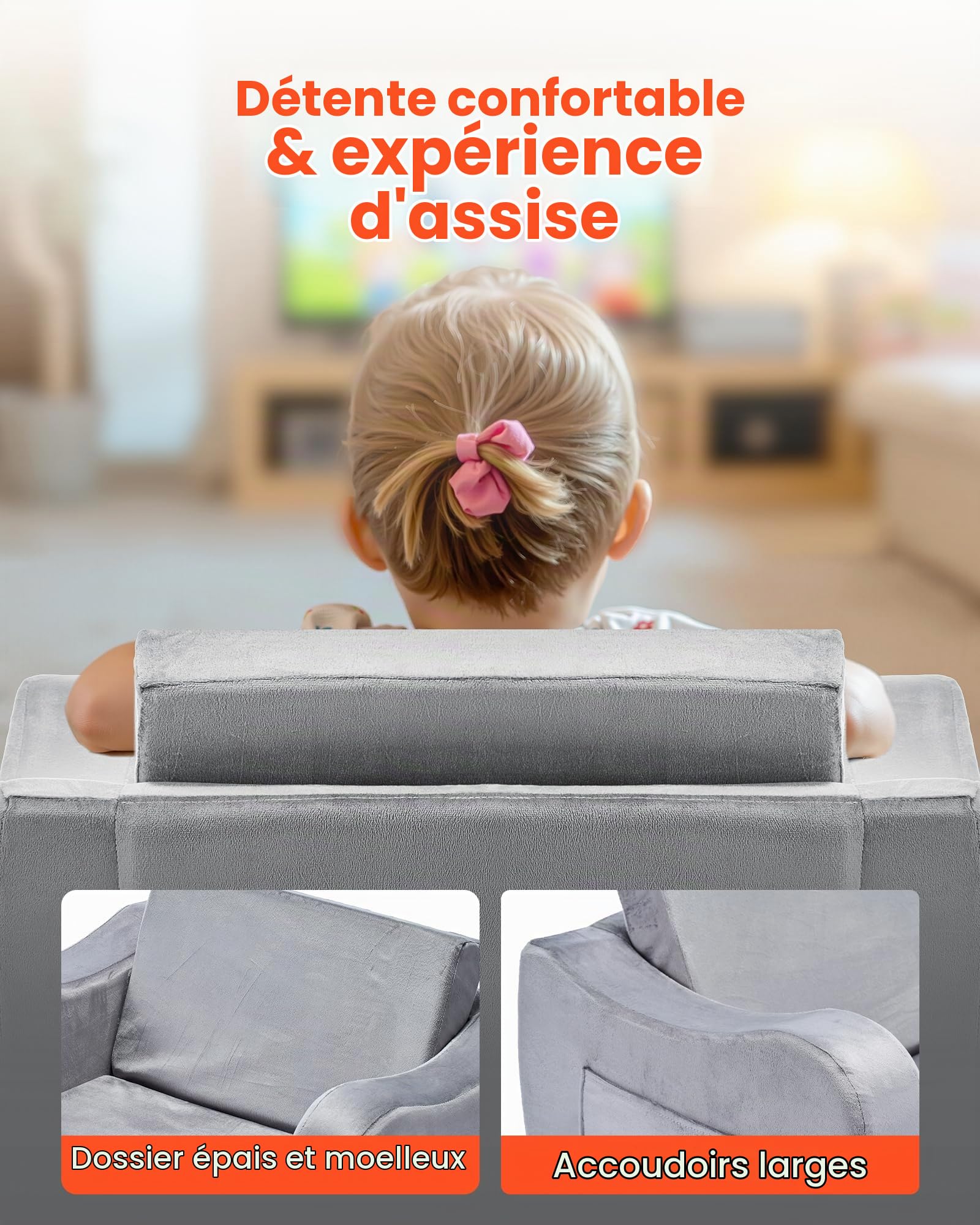 VEVOR Canapé pour Enfants 2-en-1 Convertible en Chaise Longue, Sofa Tout-Petits Pliable et Moelleux, avec Accoudoirs, en Éponge 28D et Poils Courts, pour Salle de Jeux Chambre d’Enfants, Gris, L