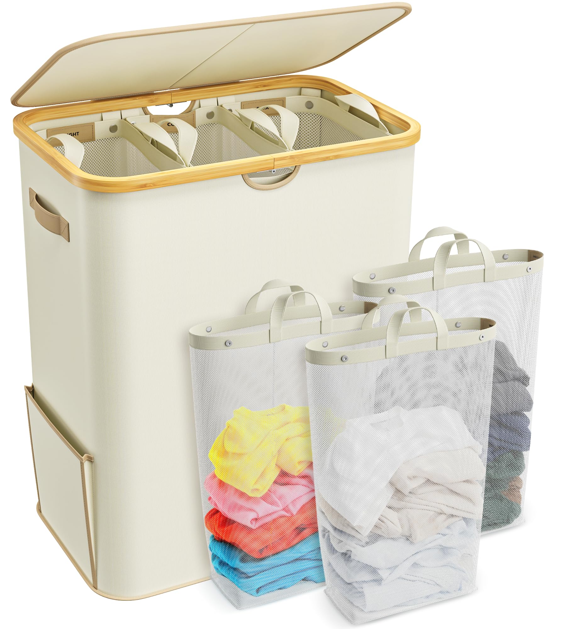 165L Wäschekorb mit Deckel und 3 Fächern, faltbarer Wäschesammler mit herausnehmbarem Wäschesack und stabilem Bambusrahmen, Beige