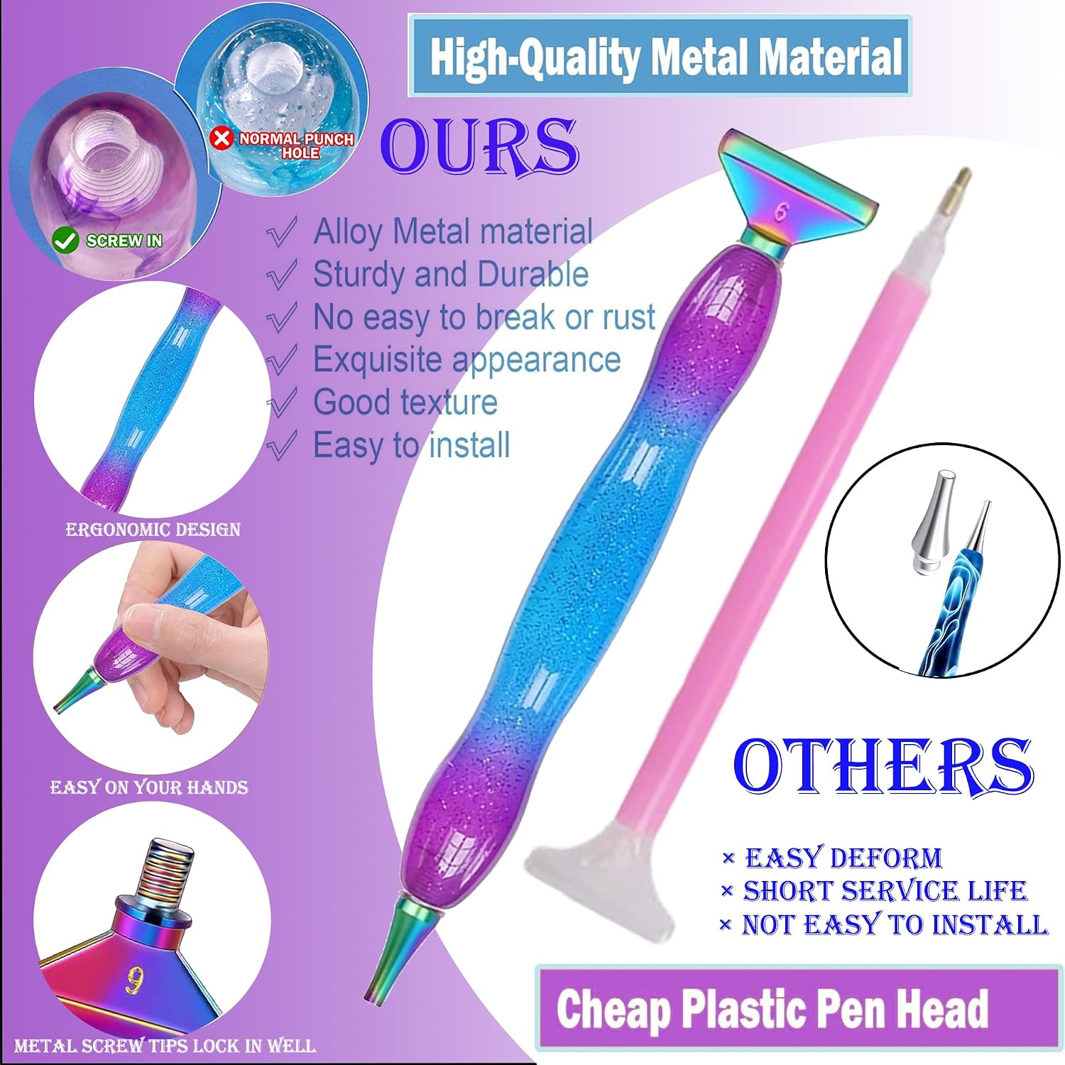 jecxucci Diamond Painting Art Drill Bead Dot Pen Kit with 6pcs Stainless Steel Tips, 6 Glue Clays, Diamond Art Roller and 50Pcs Cleaner Paper, 5D Diamond Painting Trays Sticky Pad (Purple + Colorful) image 3