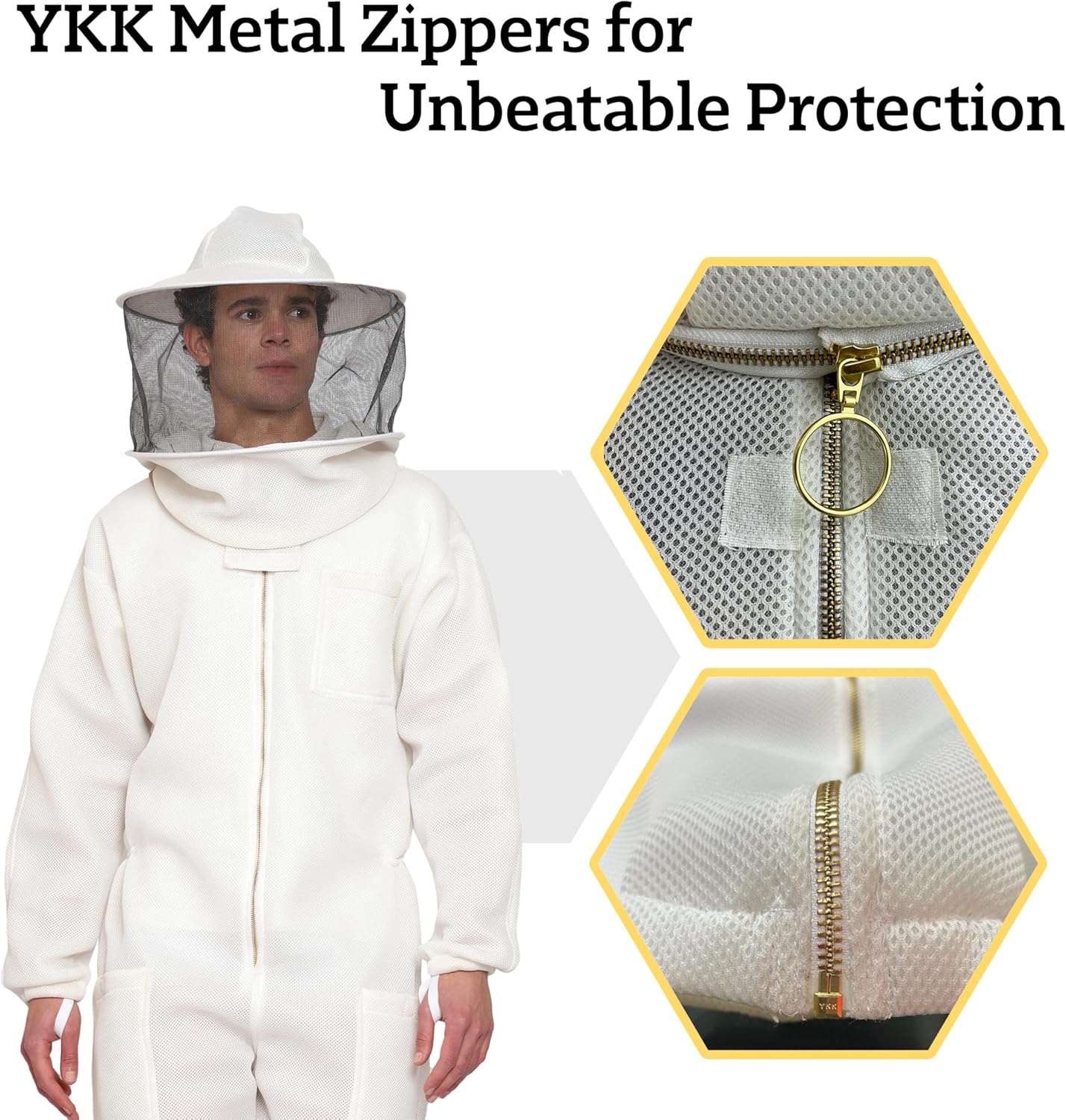 Airmesh Beekeeper Suit Single Layer Ventilated Bee Suit Airy Bee Suits For Men And Women Vented Bee Suit Metal Zippers White Beekeeping Suit With Round Hood (L)