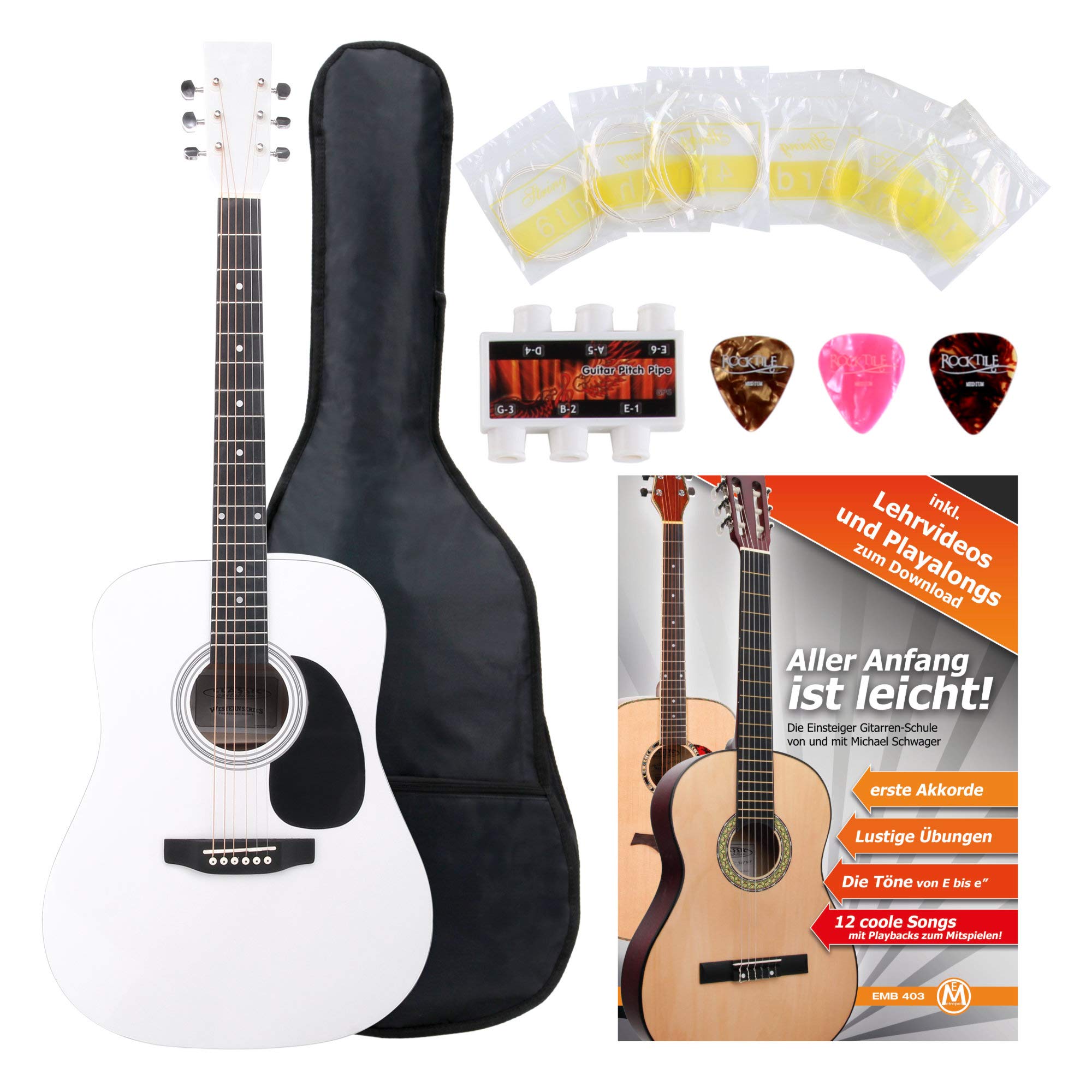 Classic Cantabile WS-10WH Westerngitarre Starter-Set (Dreadnought-Style, 6 Saiten, 20 Bünde, inkl. Zubehörset, Gitarrentasche, Notenheft, Saiten, Plektren) weiß