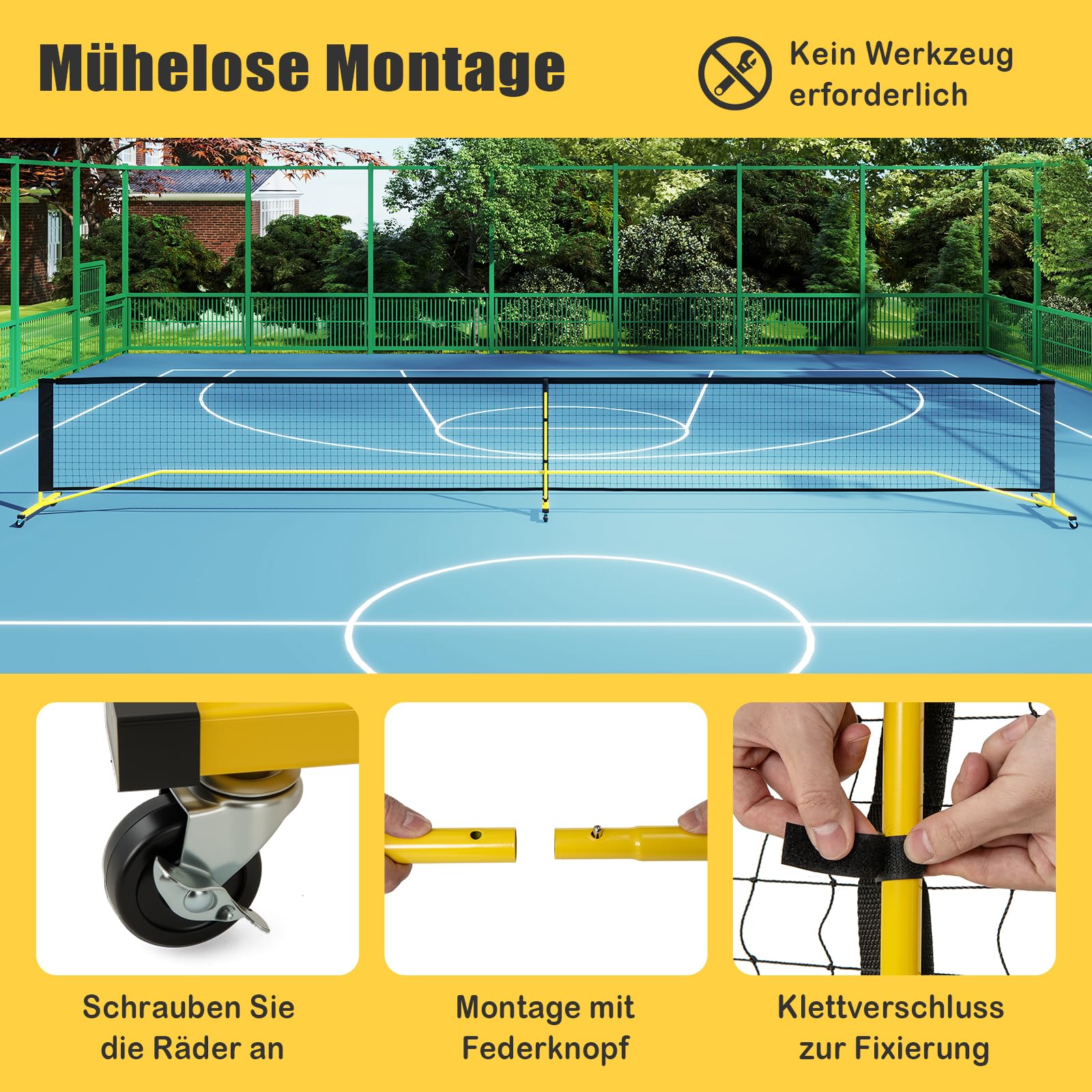 GYMAX Pickleball-Netz 674,5 cm, Pickleball-System mit Tragetasche, leichtes Pickleball-Netz-System mit PE-Netz & Metallgestell, Sportnetz für Outdoor- & Indoor-Spiele auf der Auffahrt