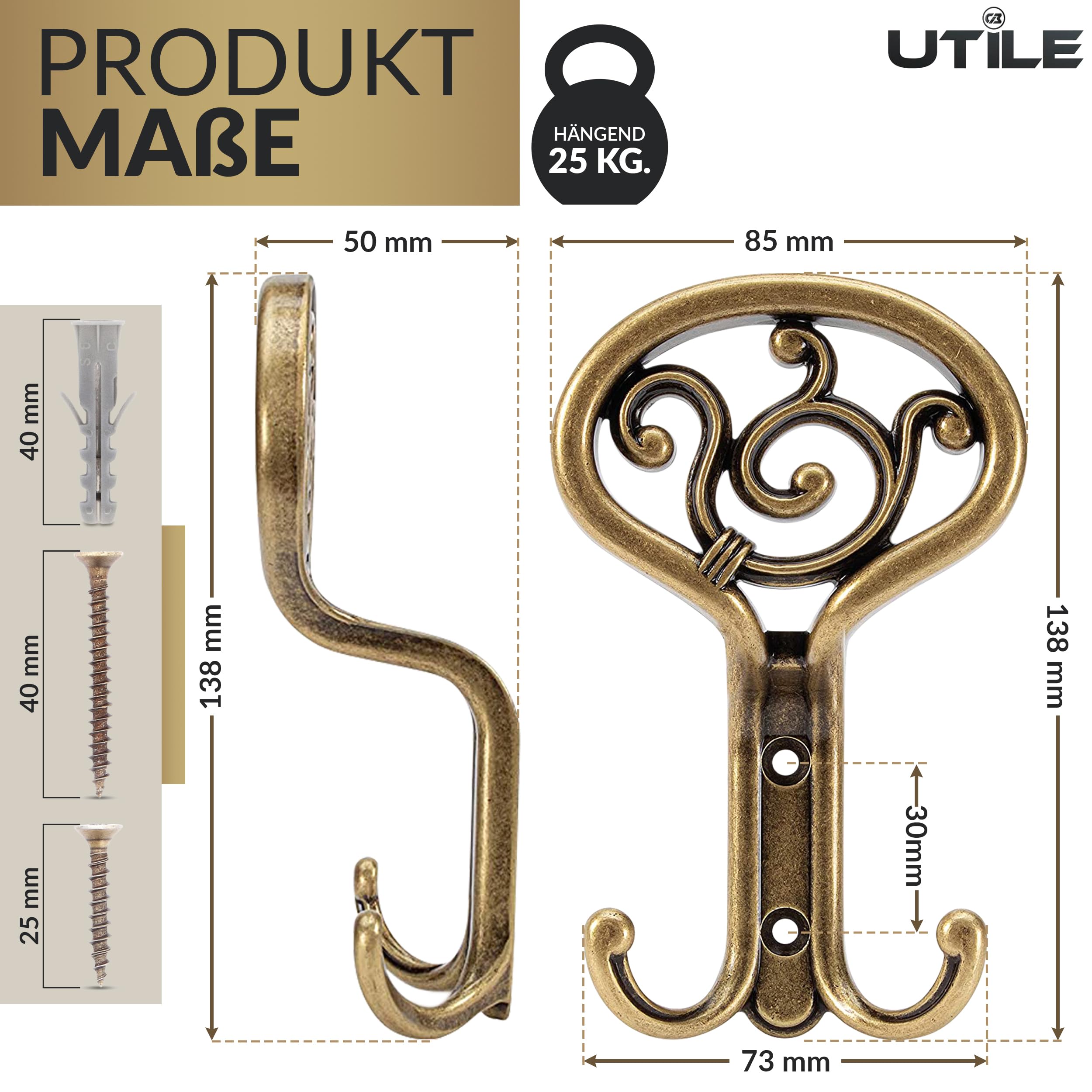 UTiLE Attaccapanni e Appendiabiti Parete-Muro - Stile Vintage, Made in Italia, 85x50x138 mm, Crea un Guardaroba Autentico 2X BRONZO