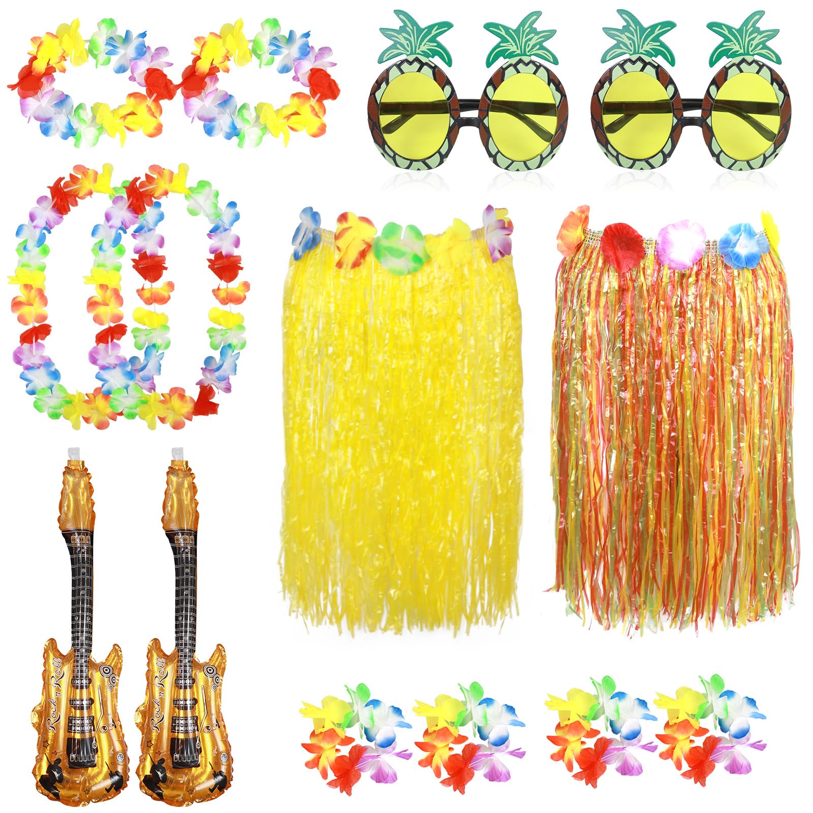 14PCS Hula Skirt Costume for Adults Hawaiian Grass Hula Skirts Sets with Headband Leis Bracelet Sunglasses Guitar Balloon Hawaiian Party Fancy Dress Costume for Summer Beach Tropical Party Decor