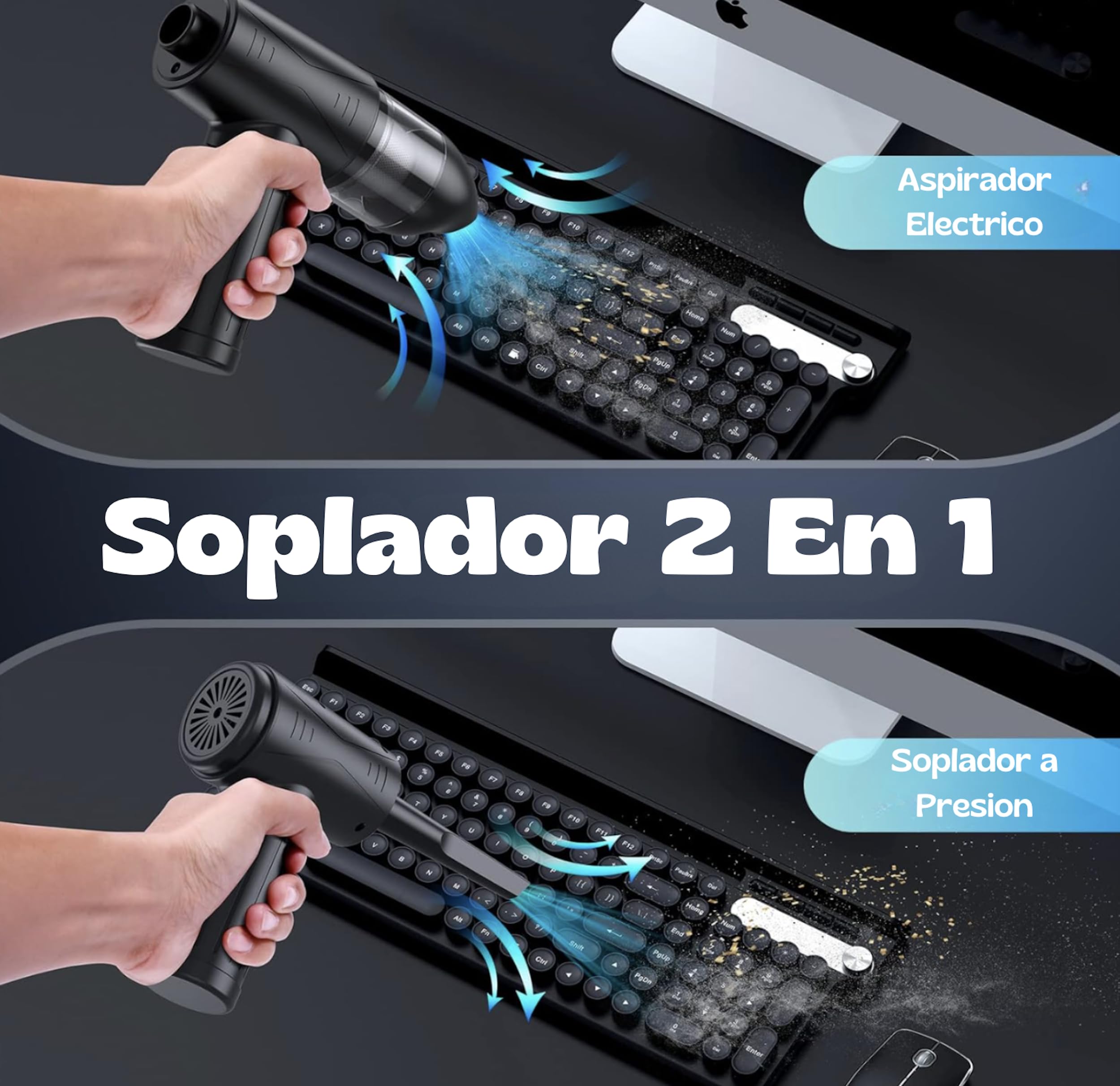 Soplador de Polvo Eléctrico y Aspirador 2 en 1, Aire Comprimido Limpieza PC, 3 Velocidades, Mini Aspiradora de Mano, Luz Led,Bolsa y Accesorios.12000Pa Succión,Recargable y Portatil.