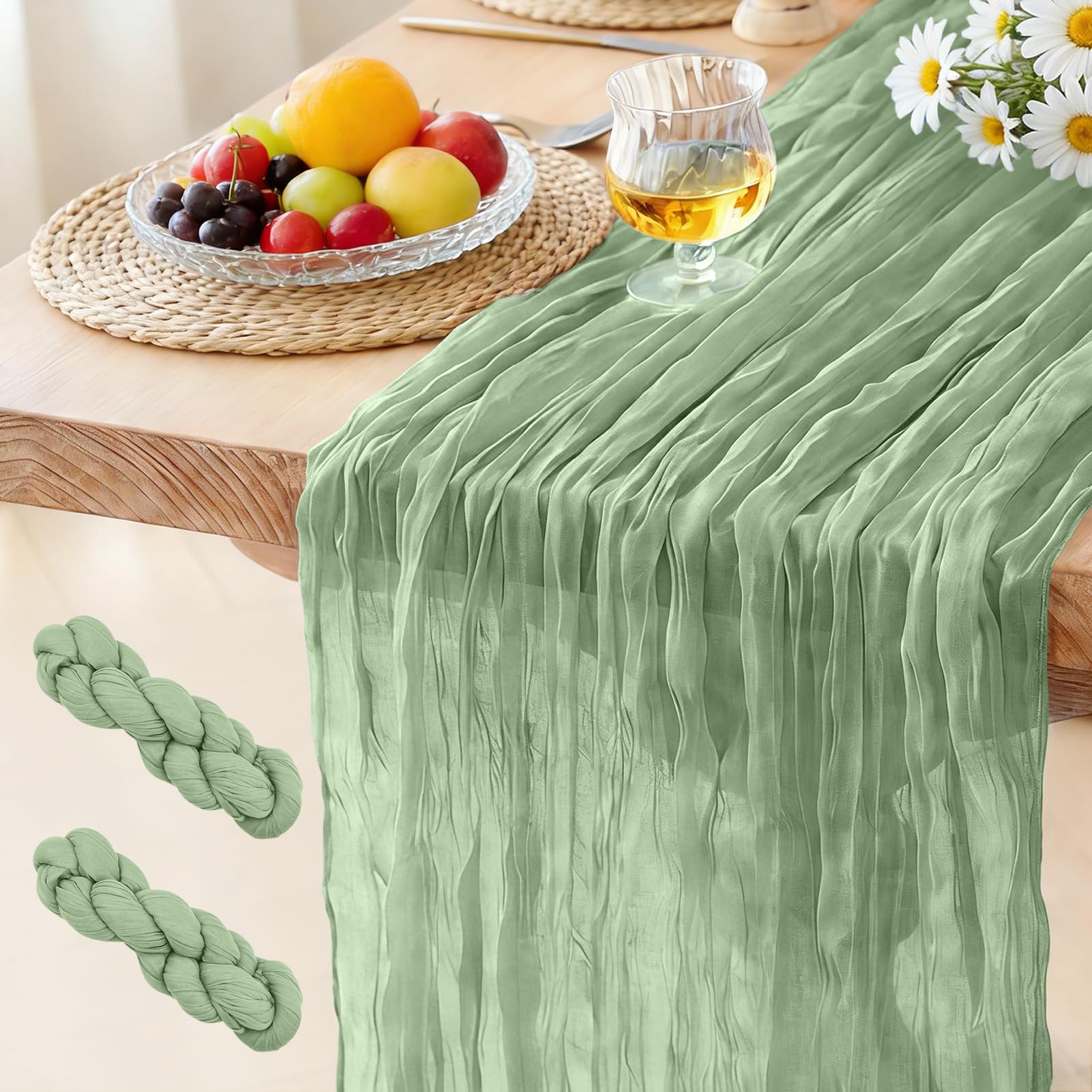 2 Pack Cheesecloth Table Runner Sage Green, 300 x 90 CM Table Runner Eucalyptus Bohemian-style Gauze Rustic Gauze Fabric Tablecloth for Wedding, Parties, Christmas and New Year's Eve Table Decoration โ image 1
