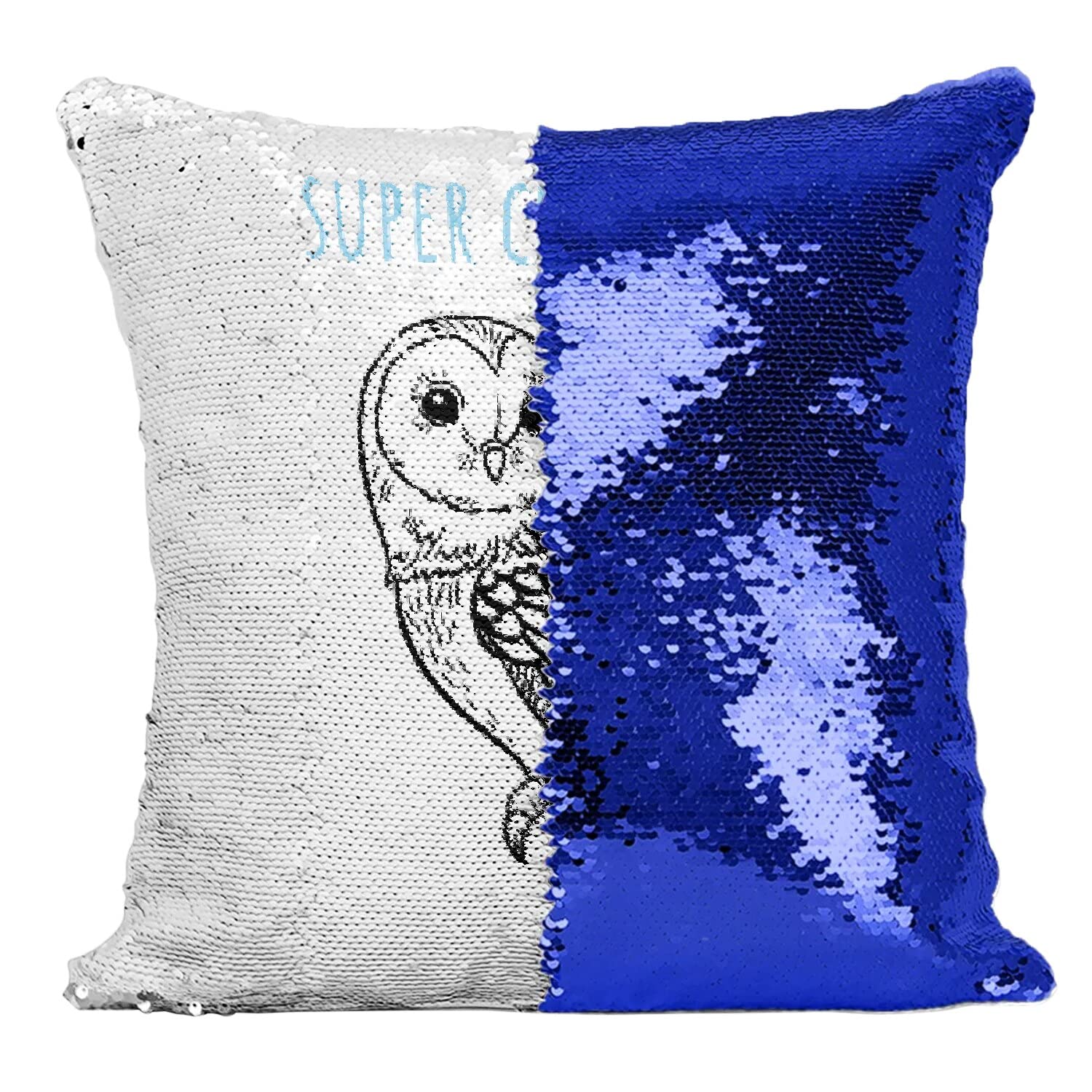 Coussin paillettes bleu Super Chouette pour décorer une chambre