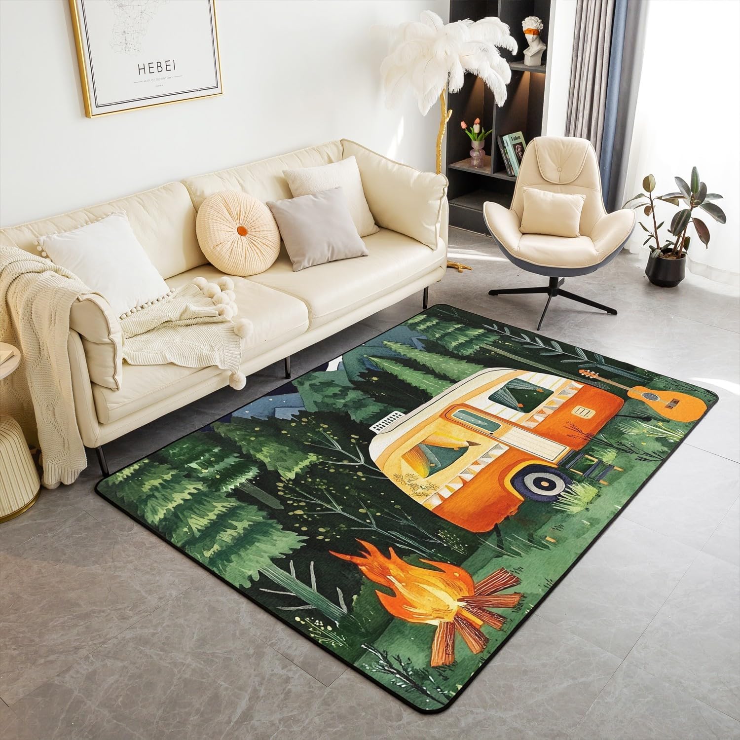 Homewish Happy Camping Area Rug,Travel Car RV Accessories Indoor Floor Mat Kids Teens Adult Room Decor,Camper Theme Non Shedding Rug Starry Sky Moonlit Night Living Room Bedroom Rugs,3'x5'