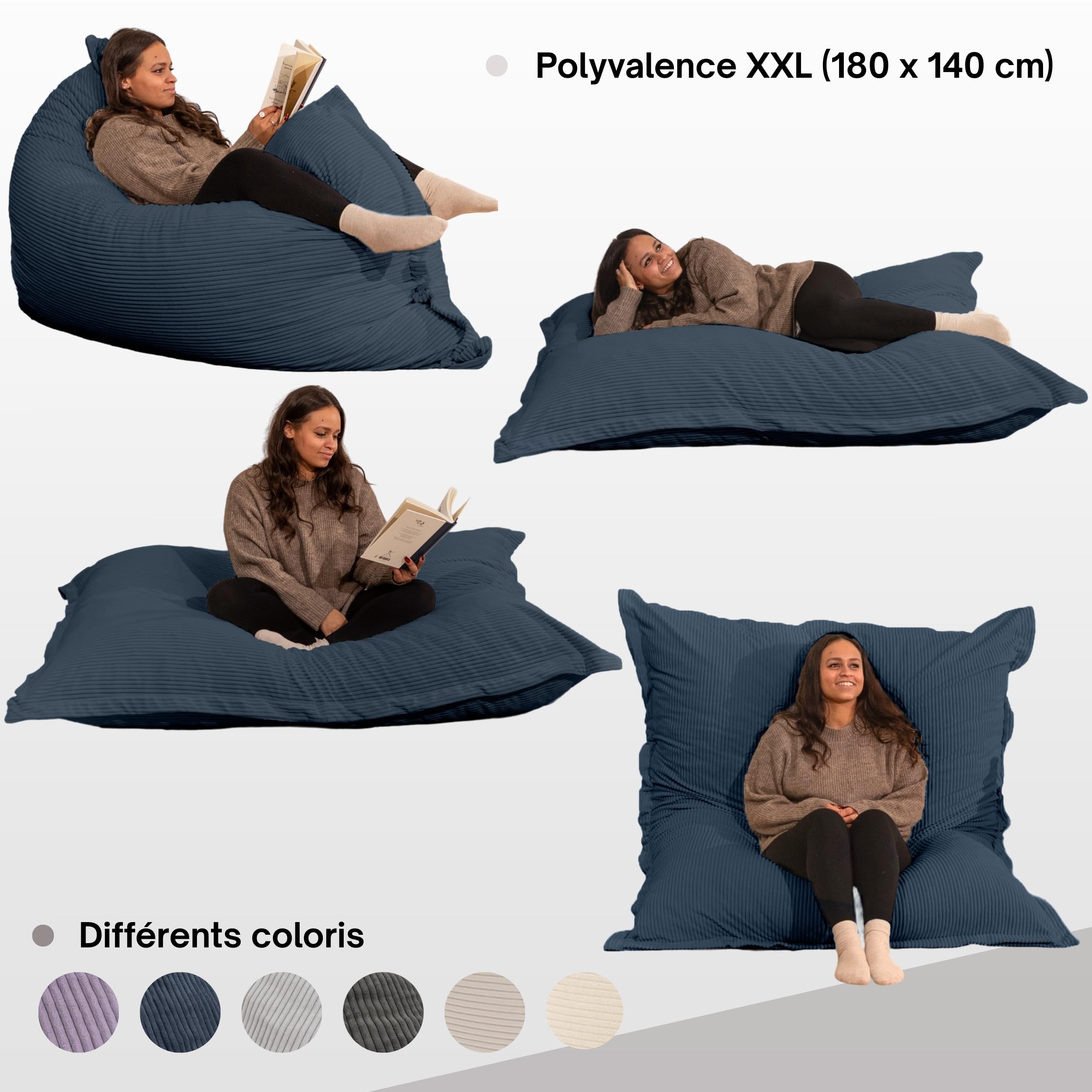 bananair Pouf Géant XXL d’Intérieur en Velours Côtelé 180x140 cm - Doux, Confortable, Déhoussable - Généreusement Rembourré, Détente Totale - Gros Pouf Lit pour Salon, Chambre Ado, Gamer (Bleu Nuit)