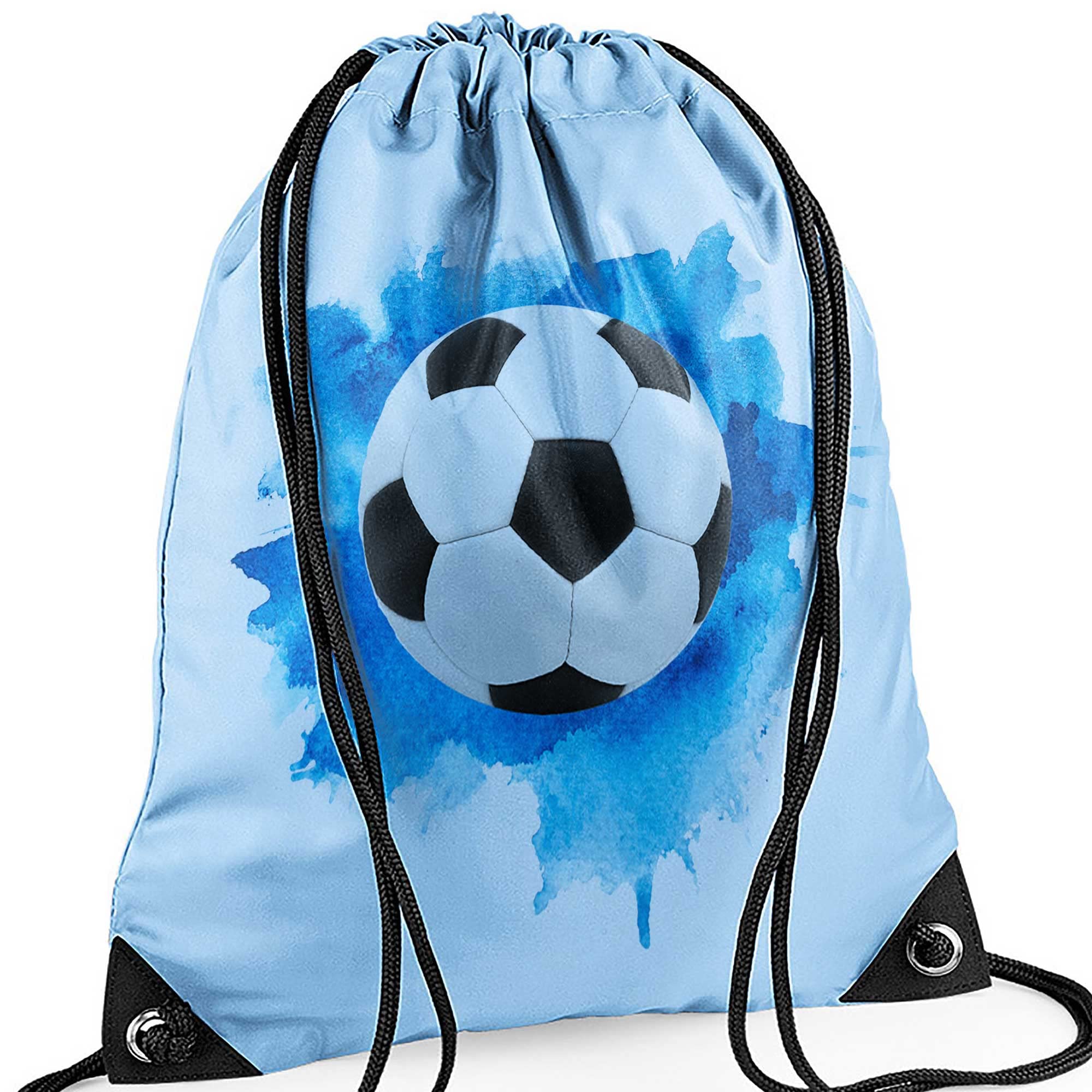 Tigerlilyprints Blue Football Drawstring Bag, Boys Kit Swim Bag, Kids Drawstring Kit, School Gym Blue Sports Bag, Waterproof