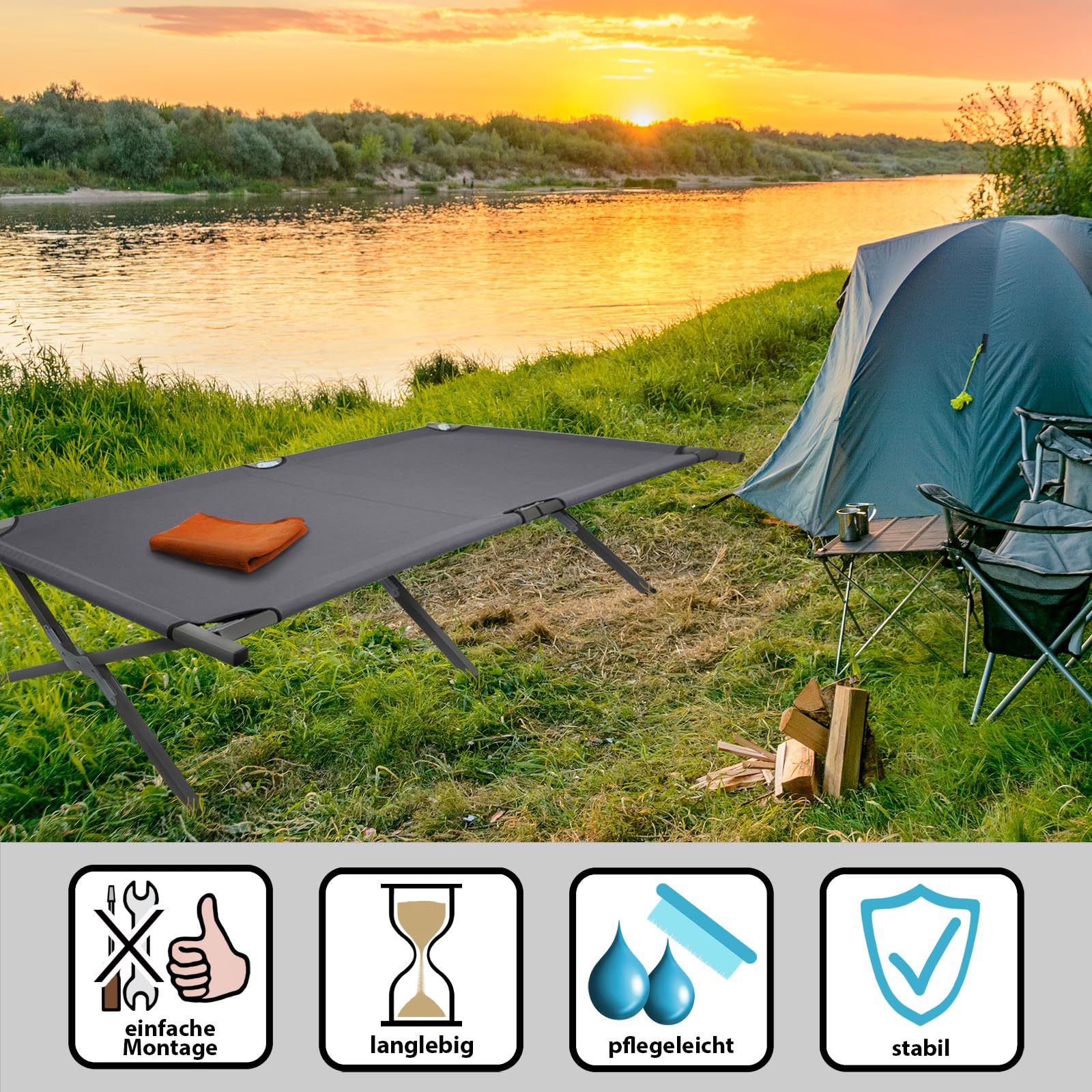 BB Sport Feldbett XXL Klappbett 210 x 72 x 45 cm Camping Bett bis 200 kg Belastbar Tragbar Klappbar Liege Reise Bequem Stabil Stahlrohr 600D Oxfordgewebe Tragetasche Gästebett