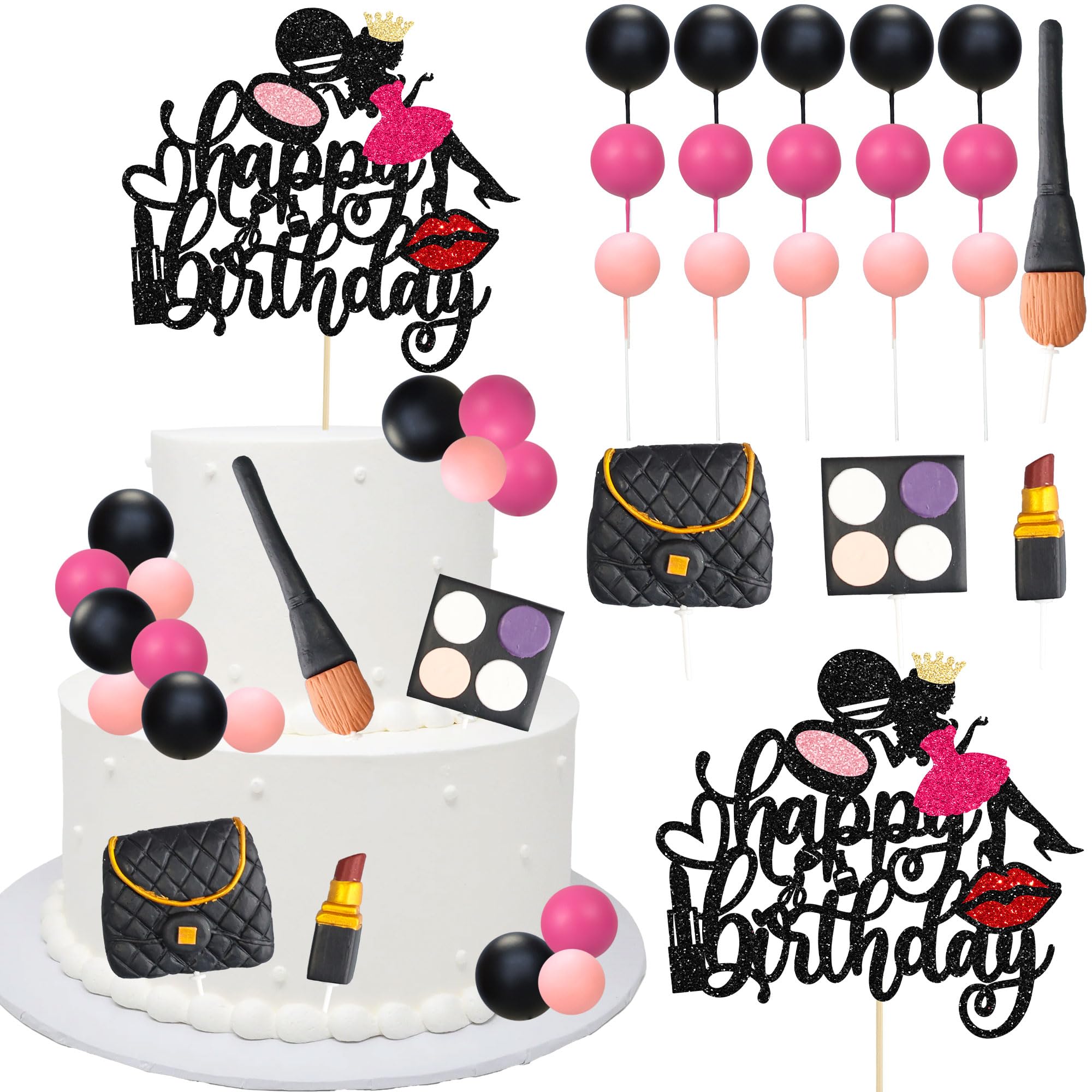 Ephlyn 20Pcs Makeup Cake Topper Lipstick Brush Cosmetic Eye Shadow Cupcake Picks Foam Ball Happy Birthday Cake Decoration for Makeup Theme Birthday Bridal Shower Salon Spa Party Supplies