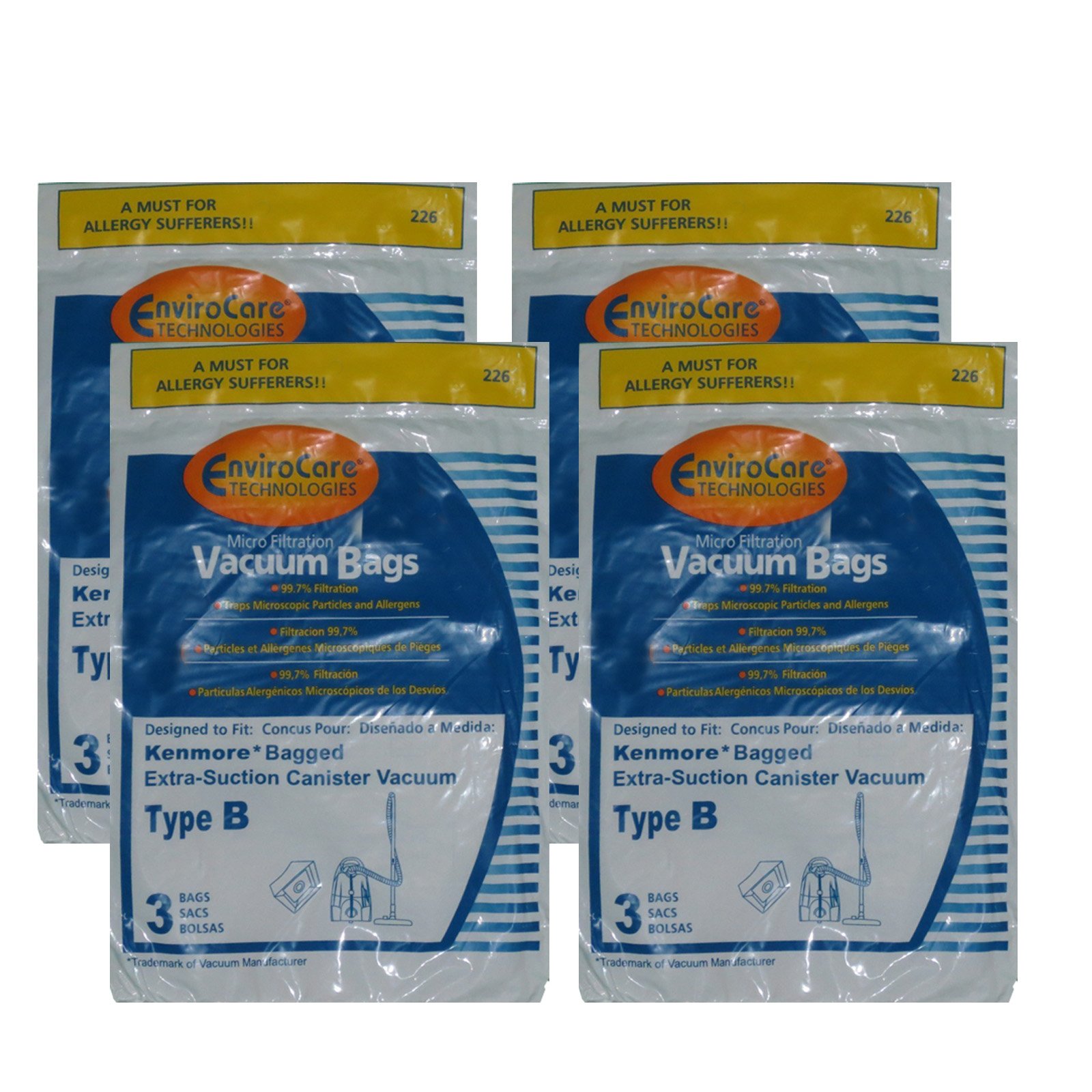 12 Kenmore Type B Vacuum Cleaner Allergen Extra-Suction Canister Vacuum Cleaner Bags, Galaxy Series, 85003, 634875, 24196, 20-24196, 0-24196, 115.2496210, 02053278000