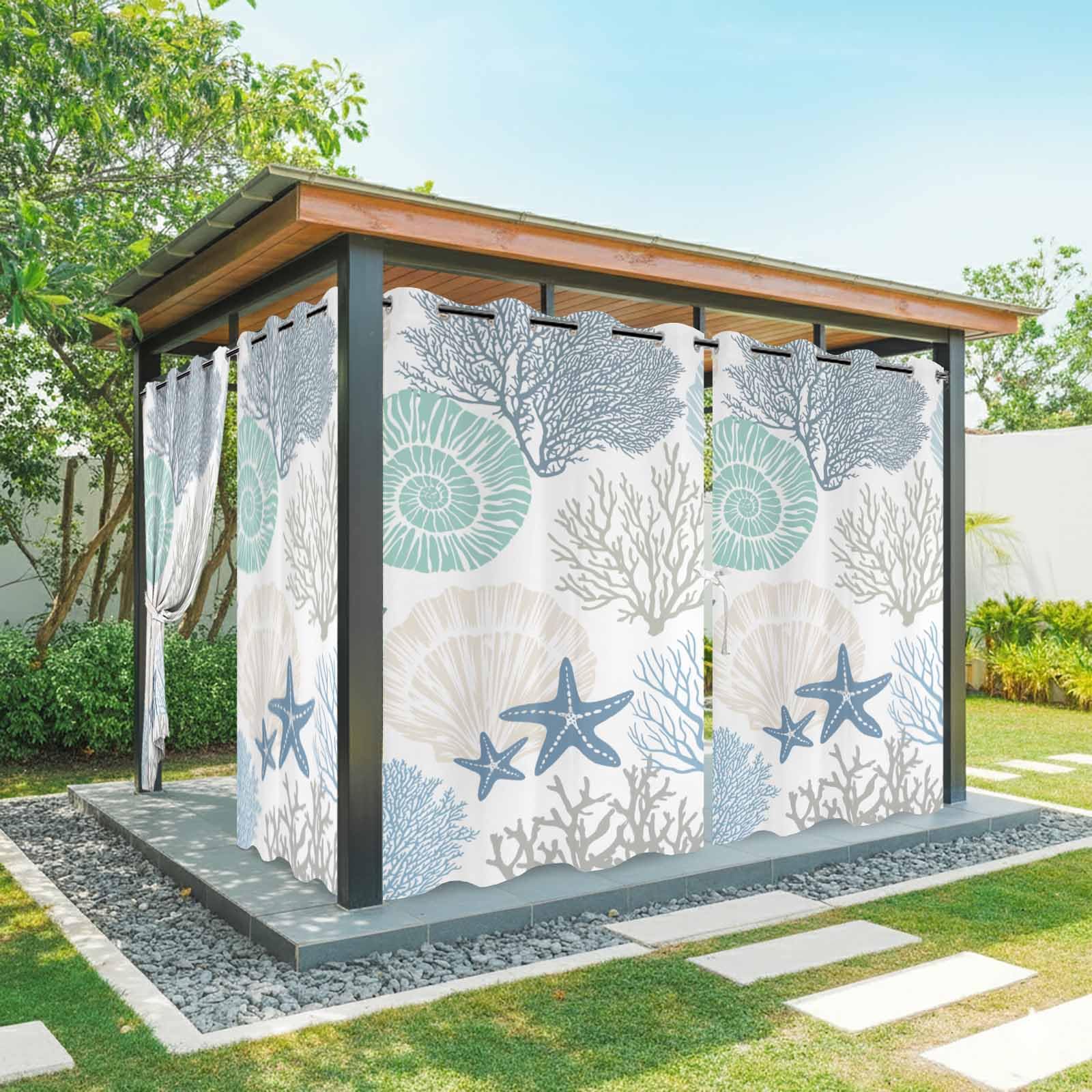 Outdoor Curtains for Patio Waterproof, Nautical Coastal Ocean Coral Outside Curtain 2 Panel, Beach Themed Blue Teal Window Treatment Drapes Privacy Indoor/Outdoor Curtain for Porch Gazebo 54x95-image-45