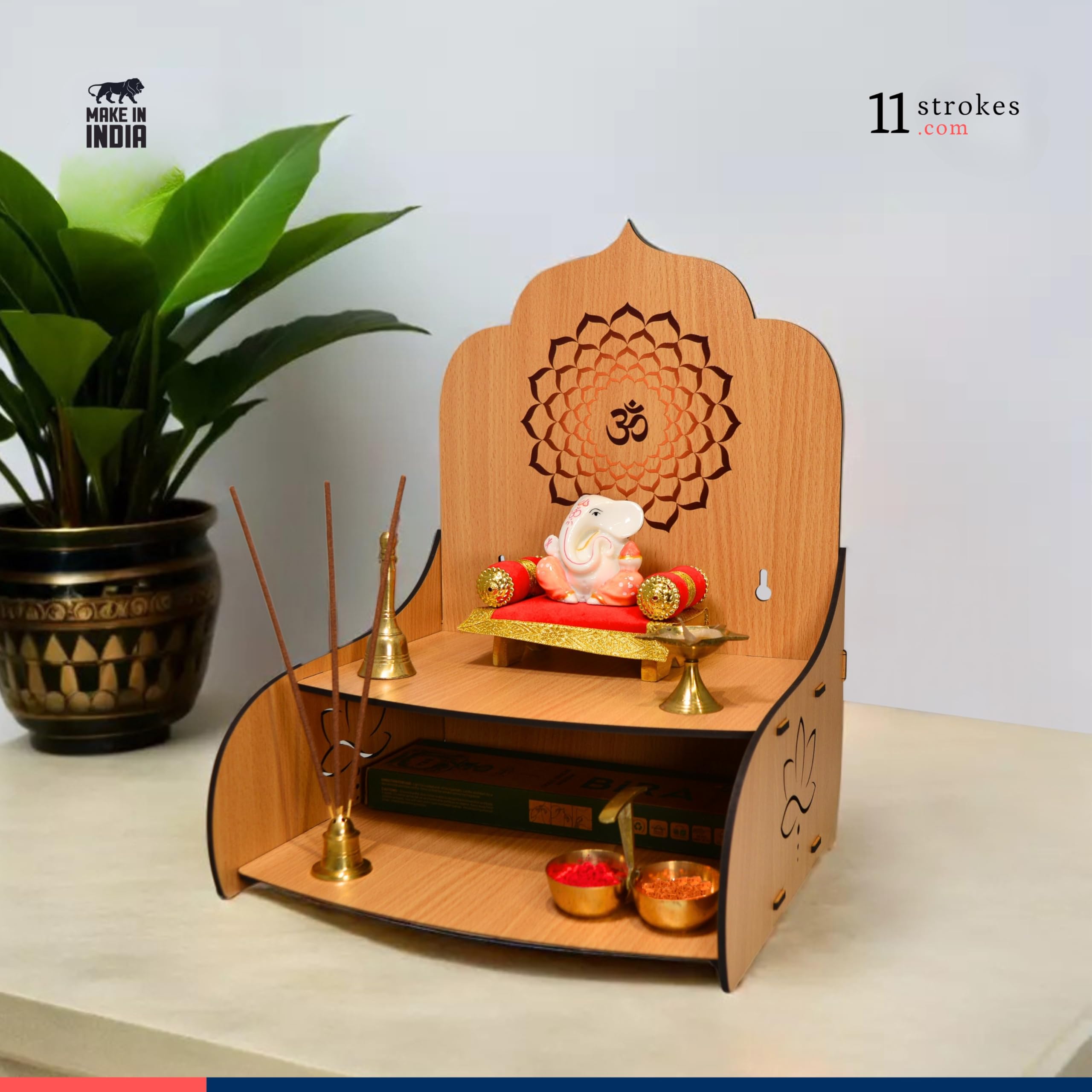 11 Strokes Samarpan Wooden Pooja Mandir for Home Small Size - Foldable DIY Wall Mount Devghar - Modern Singhasan for God & Small Wooden Temple, Puja Stand 2