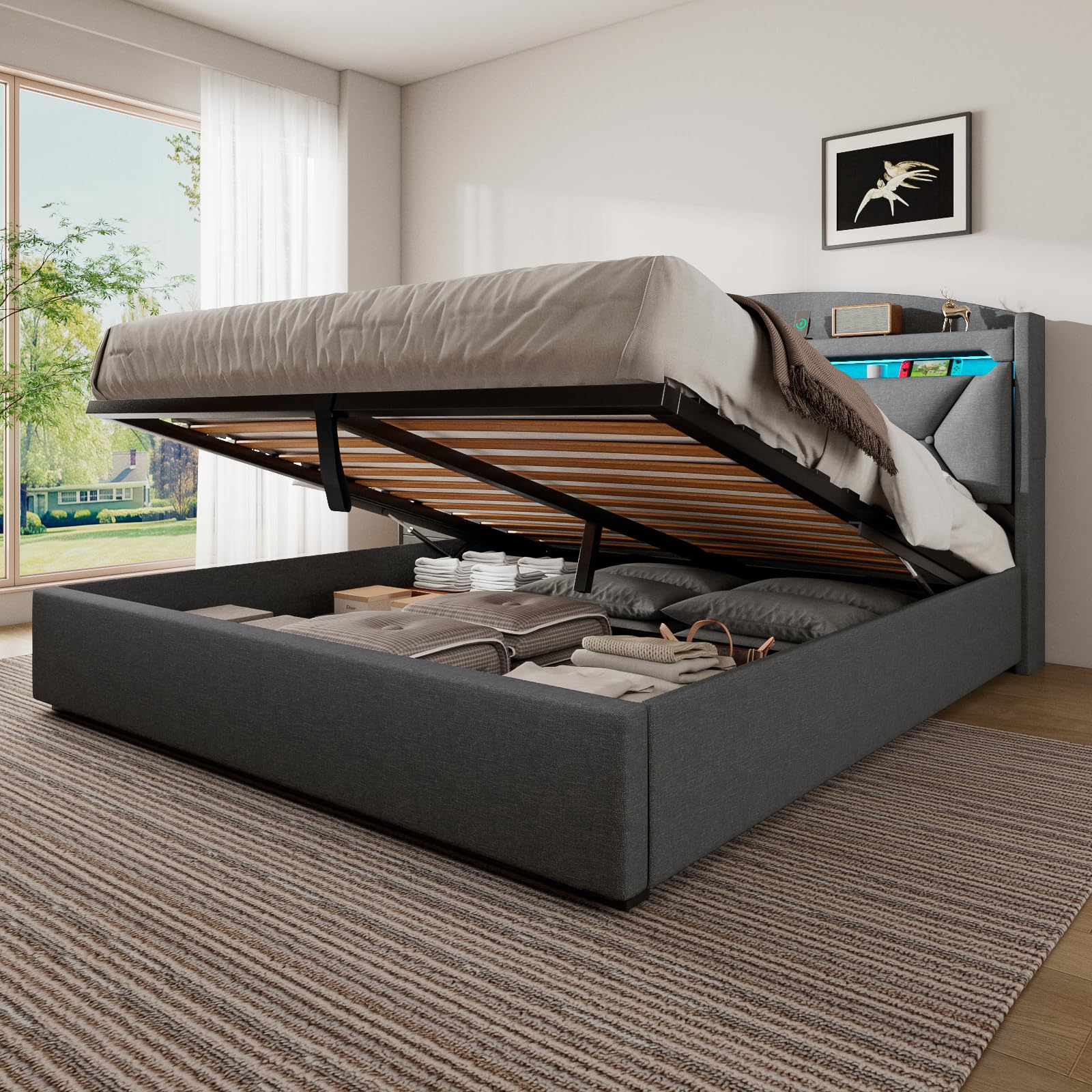 Cama Matrimonio 160x200 con Almacenamiento, Camas Matrimoniales con LED, Puertos USB y Type-C, Canape 160x200 Hidráulico, Cama Matrimonio con Cabecero, Lino, Gris, Colchón No Incluido