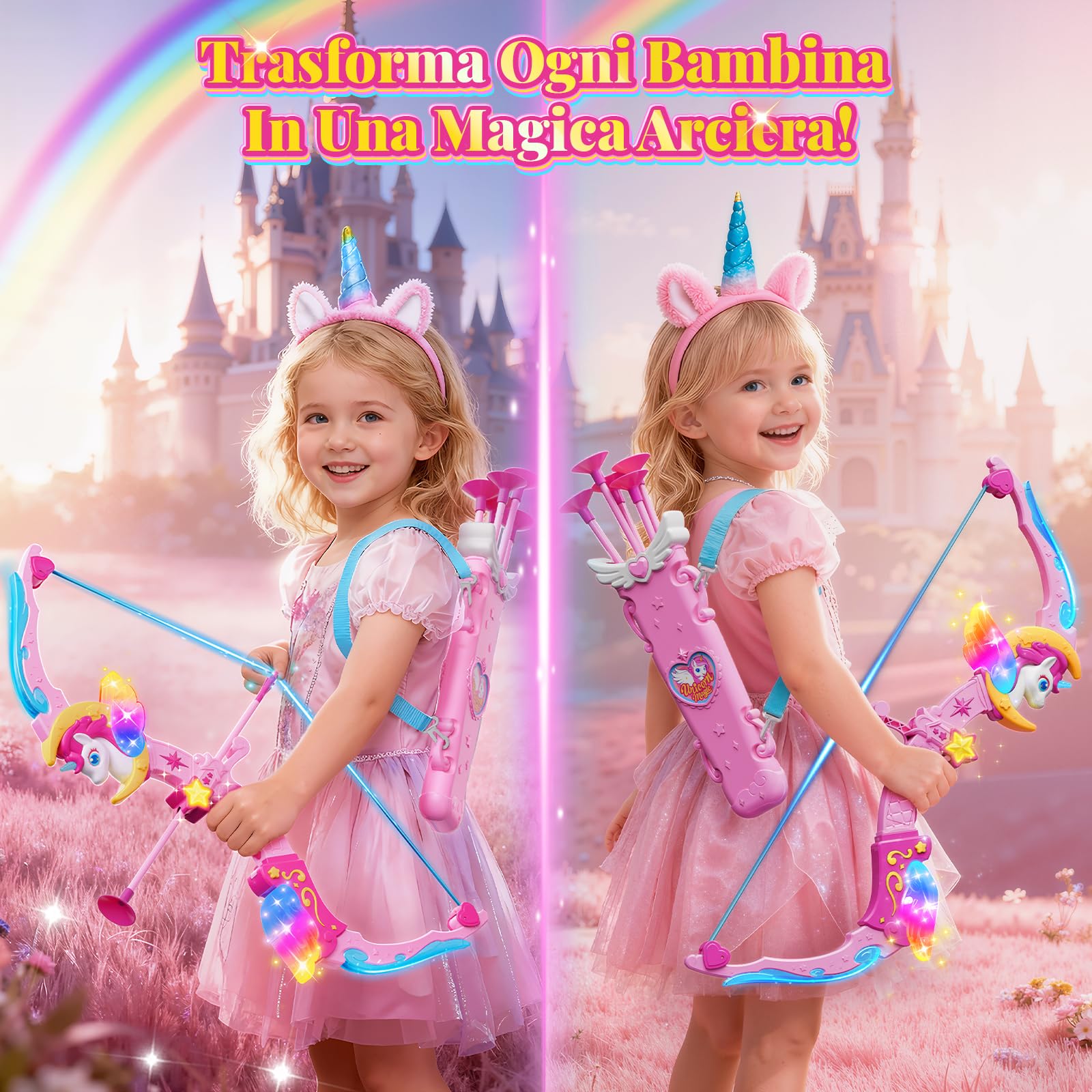 Giocattolo Unicorno per Bambina 3-12 Anni, ArcoFrecce con 6 Luci Magiche, Carquino da Sogno, Bersaglio Principessa, 8 Frecce Rosa a Ventosa, Giochi Natale Compleanno Regalo Bimba 3 4 5 6 7 8 9 10 Anni