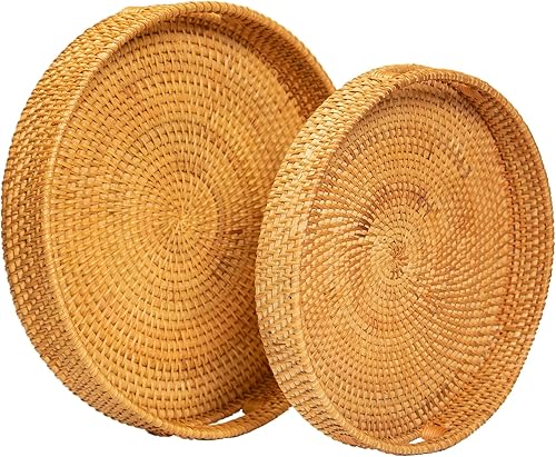 Miniatura 1 de MABI - Juego de bandejas redondas de ratán con asas, bandeja decorativa para mesa de café otomana y decoración del hogar