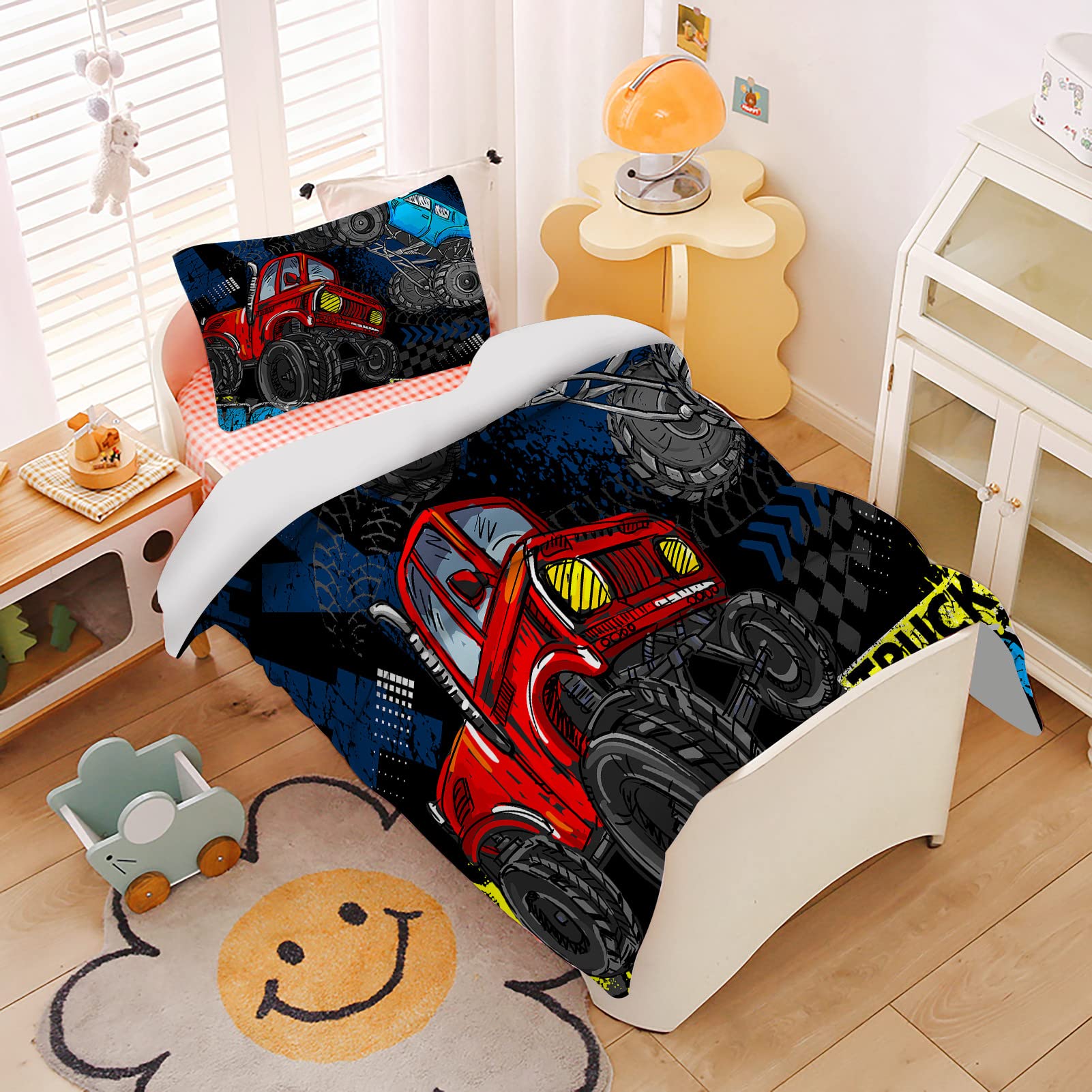 YUANZU Truck Duvet Cover Set Single for Kids Boys Teens Comforter Bedding Set 2 Pieces Blue Red Monster Truck Printed Soft Microfiber Quilt Cover with Zipper Closure (135x200cm & 1Pillowcase) - Image 2
