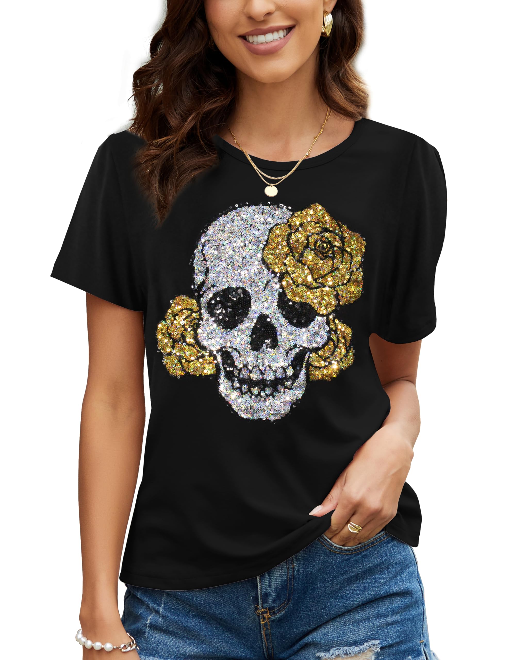 PESION Womens Short Sleeve T-Shirt Sequined Tops O-Neck Funny Graphic Tees Blouse