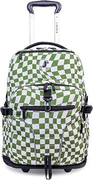 J World Lunar Rolling Backpack. Laptop Bag With Wheels. Wheeled Carry-On Travel Luggage, Matcha Checkers, 19.5 x 13 x 8 Inches