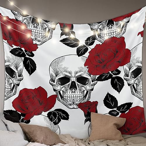 Tapiz de Halloween para colgar en la pared, diseño de calavera y rosa roja, tapiz estético de esqueleto, flores florales, tapiz para dormitorio,