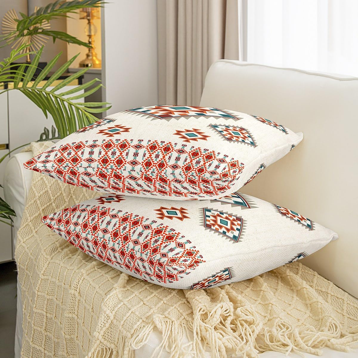Set di 2 federe per cuscini in stile bohémien, 40,6 x 40,6 cm, motivo acquerello, retrò, geometrico, a griglia, per bambini, adolescenti, adulti, colorate, vintage, rustiche, con diamanti, per