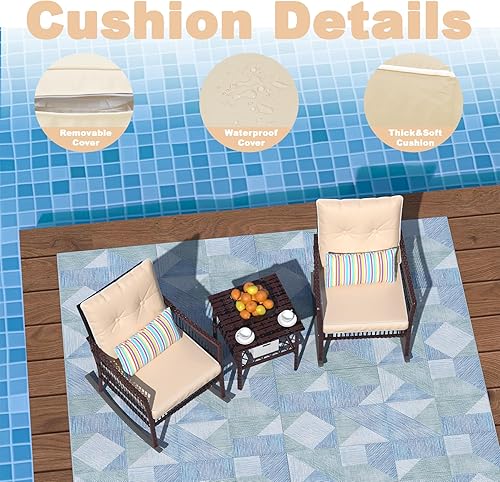 Miniatura 6 de DECMICO - Juego de muebles de patio de 3 piezas, juego de sillas mecedoras de mimbre, juego de bistró con mesa de café, juego de conversación para