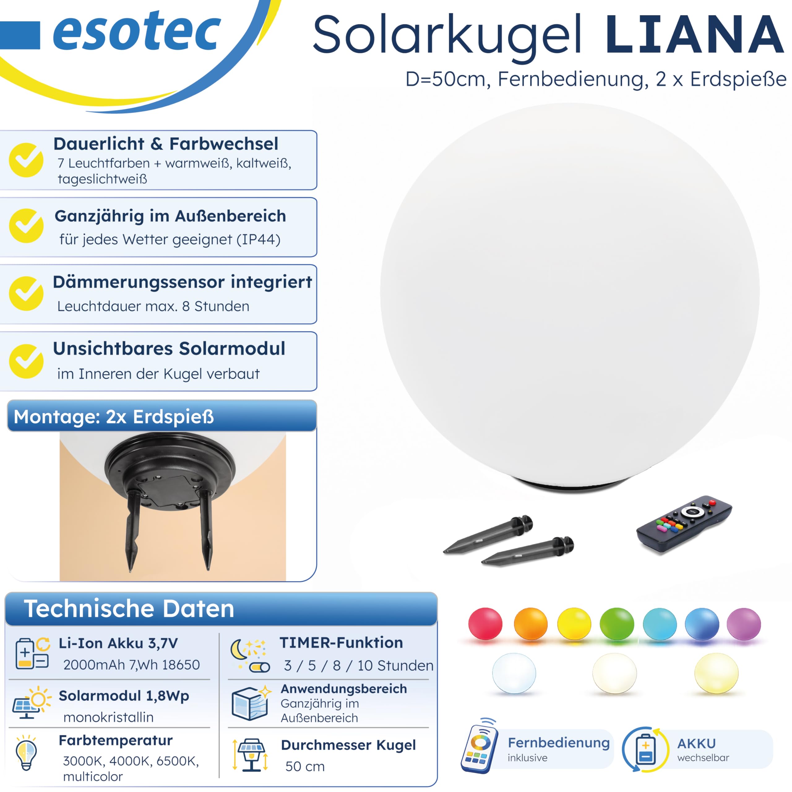 Esotec Solar Leuchtkugel Liana 50 CCT, multicolor, Fernbedienung, 2x Erdspieße, Li-Ion Akku, RGB LED Gartenkugel, Solarkugel, IP44, wetterfest, winterfest, außen, D=50cm, 102642