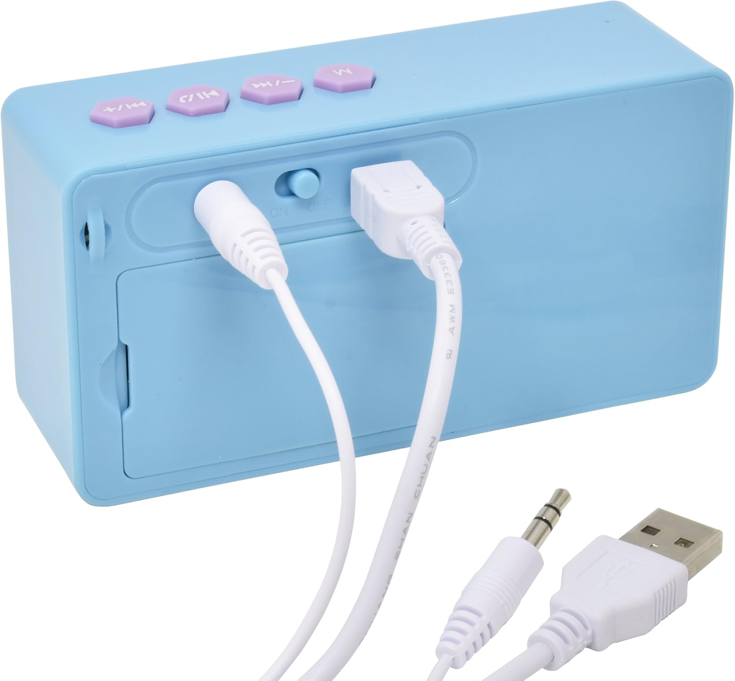 Nyuma view of the Disney Frozen Bluetooth Speaker showing the ON/OFF switch, USB charging port, and 3.5mm AUX input port with cables connected.