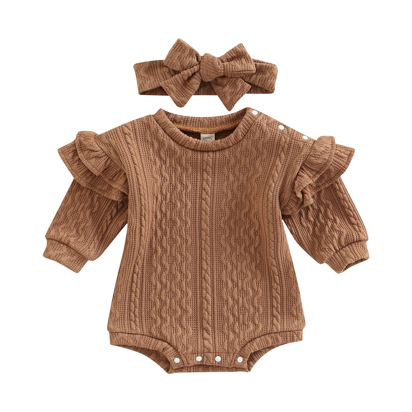 Toddler Girl Cute Ruffle Sleeve Knit Sweater Romper Bodysuit Top Autumn Winter Outfits for Newborn (Coffee,6-12 Months)